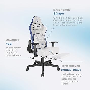 Rampage MC-8663B Typhoon Oyuncu Koltuğu Gri Mavi, Terletmez Kumaş, Yatabilen Sırt, Yükseklik Ayarlı Kol Desteği, Ergonomik Gaming Chair, 120-139 kg Taşıma Kapasitesi, 2 Yıl Garanti Dayanıklı