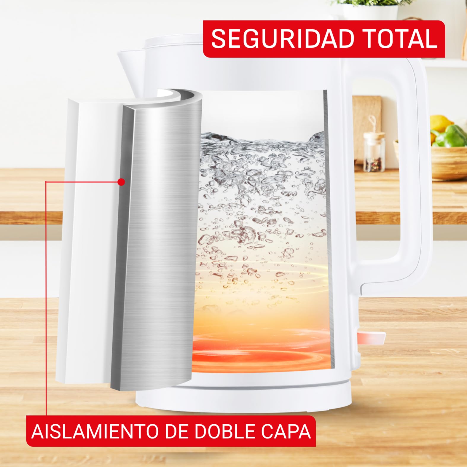 Tefal Thermo Protect Kettle, Hervidor eléctrico de 1500 W, Capacidad de 1,5L, Seguro al tacto, Apagado automático, Filtro extraíble y lavable, Color Blanco, KO1411E0