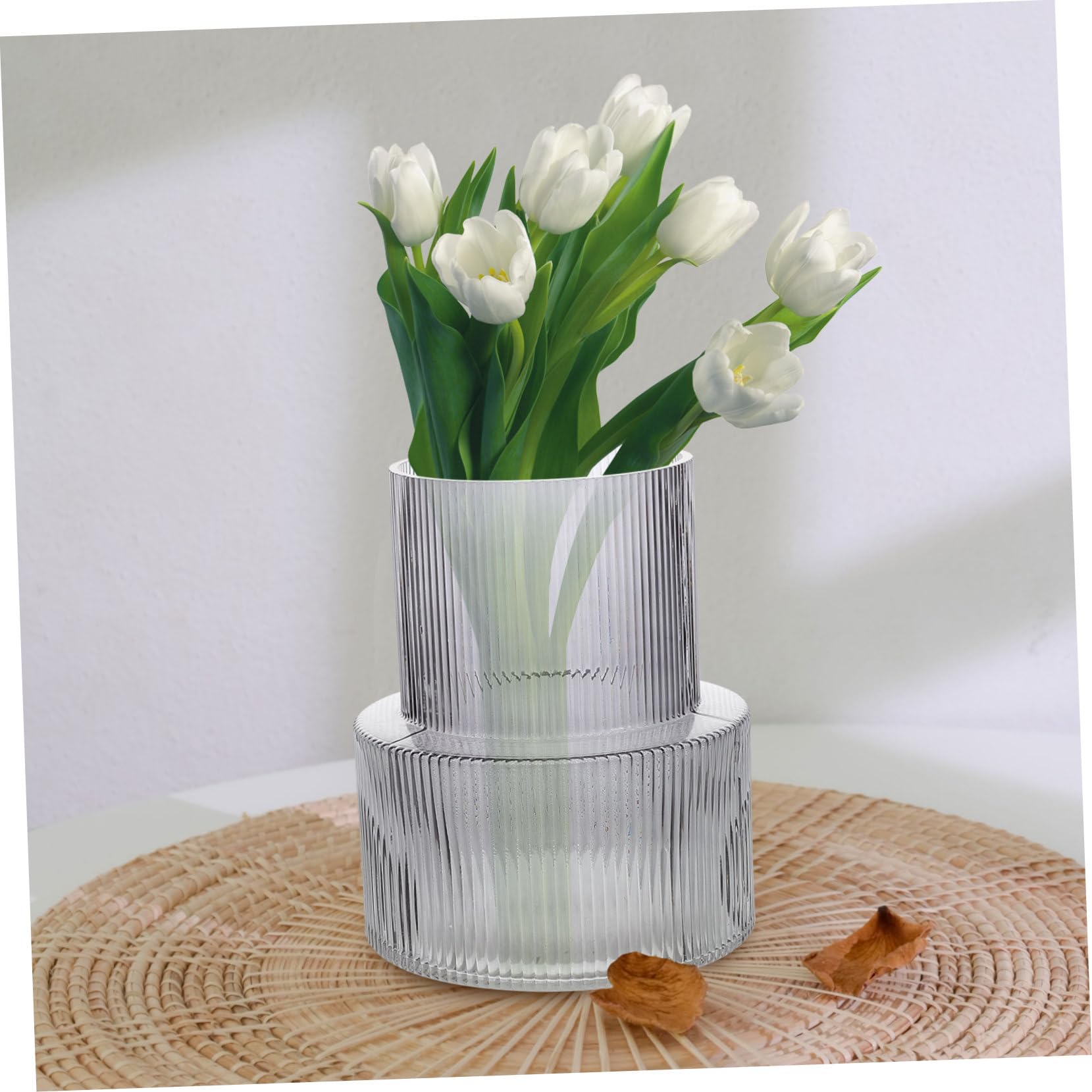 Vase Décoratif en Verre Côtelé Gris pour Fleurs, Table et Maison