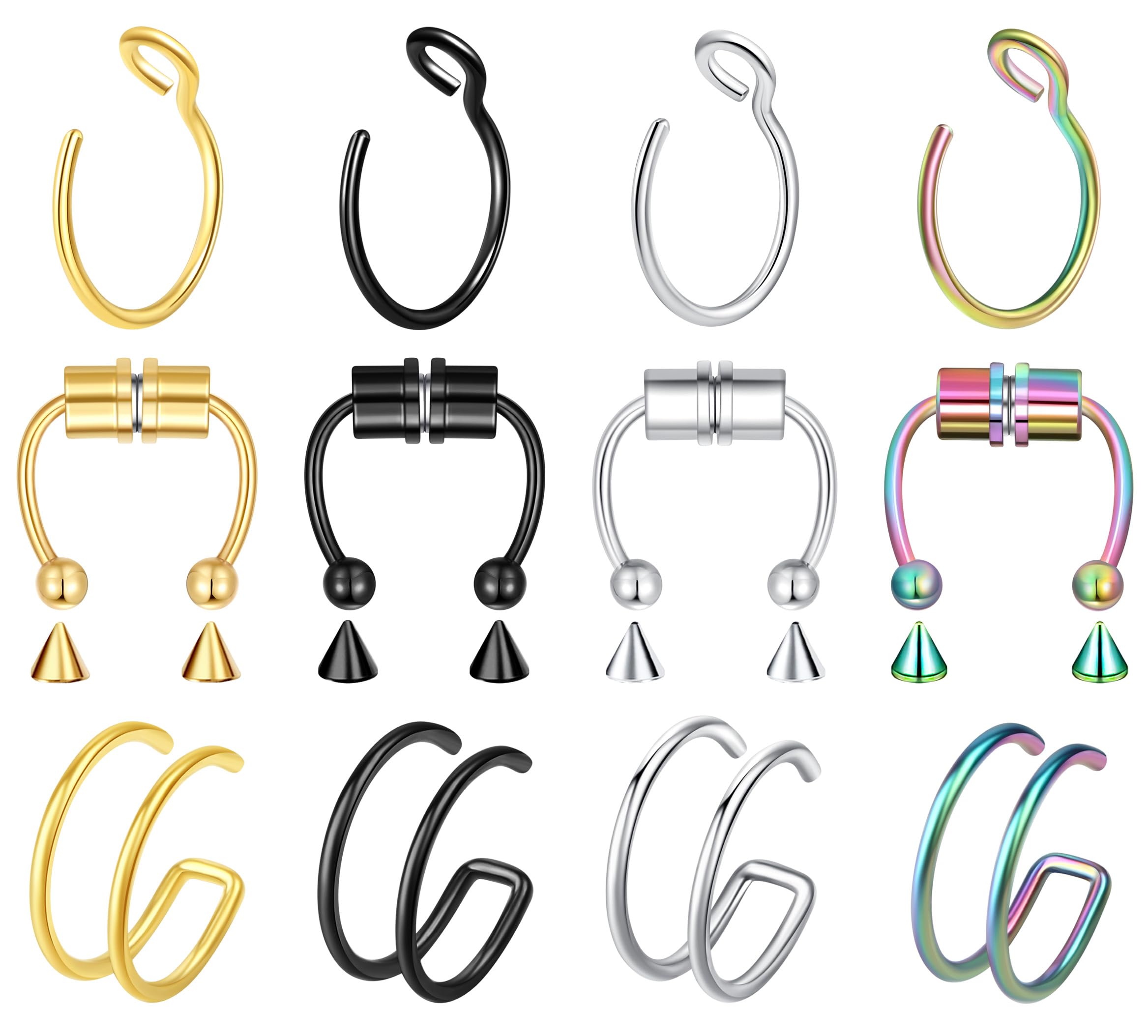 12 Pcs Nose Rings Hoops Nose Piercings Fake Nose Ring 20 Gauge 20G Nose Hoop Double Hoop Nose Rings for Women Men Fake Piercings Faux Septum Magnet Magnetic Septum Nose Ring Piercing Surgical Steel Hypoallergenic Lip Hoops Rings for Women Clip On