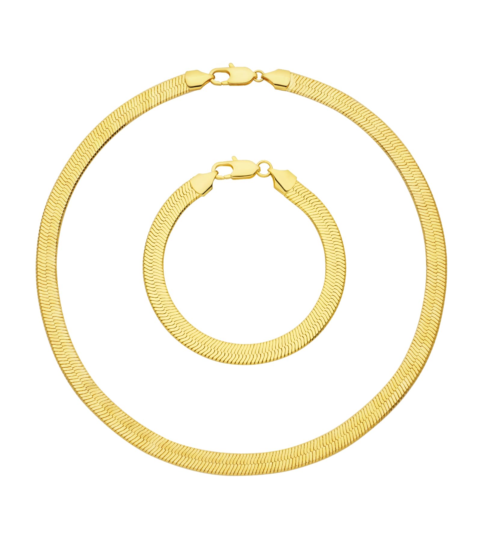 Wowshow 14K Gold Plated Italian Snake Chain Necklace Flat Herringbone Choker Dainty Necklace Bracelet Set for Women 16-18-20 Inch