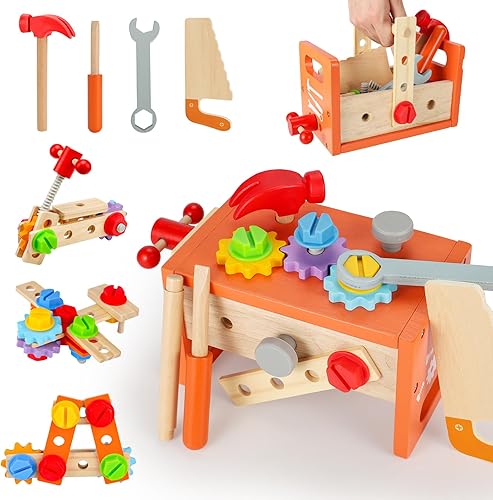 Juego de herramientas de madera para niños pequeños, 29 piezas, juego de herramientas de juguete para niños pequeños con caja de herramientas,