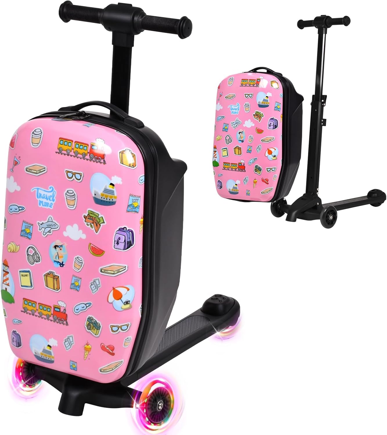 smilesun 4-in-1 Detachable Scooter Luggage for Kids & Teens, Foldable Hardside Ride On Suitcase with LED Wheels, Stylish and Safe Design(Pink)