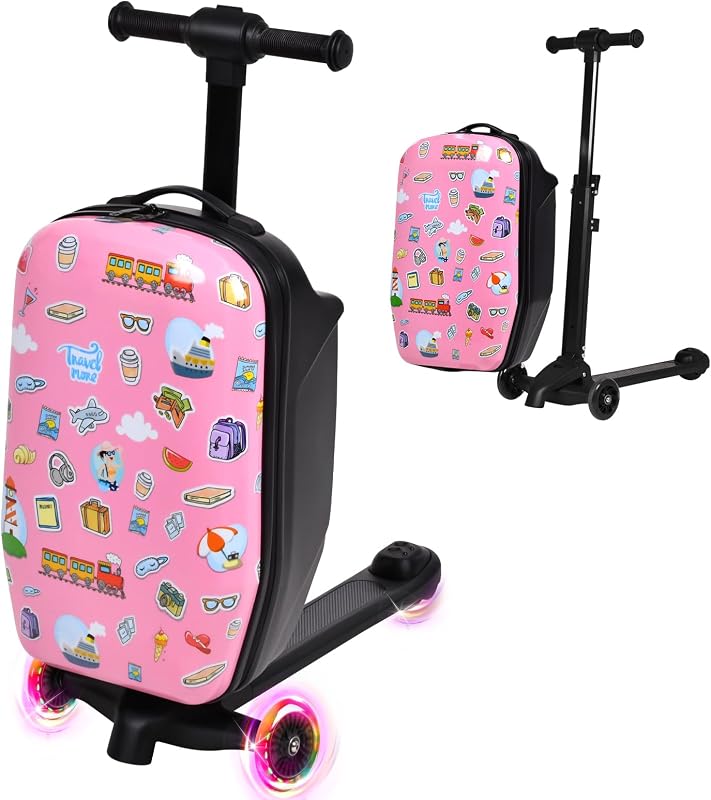smilesun 4-in-1 Detachable Scooter Luggage for Kids & Teens, Foldable Hardside Ride On Suitcase with LED Wheels, Stylish and Safe Design(Pink)