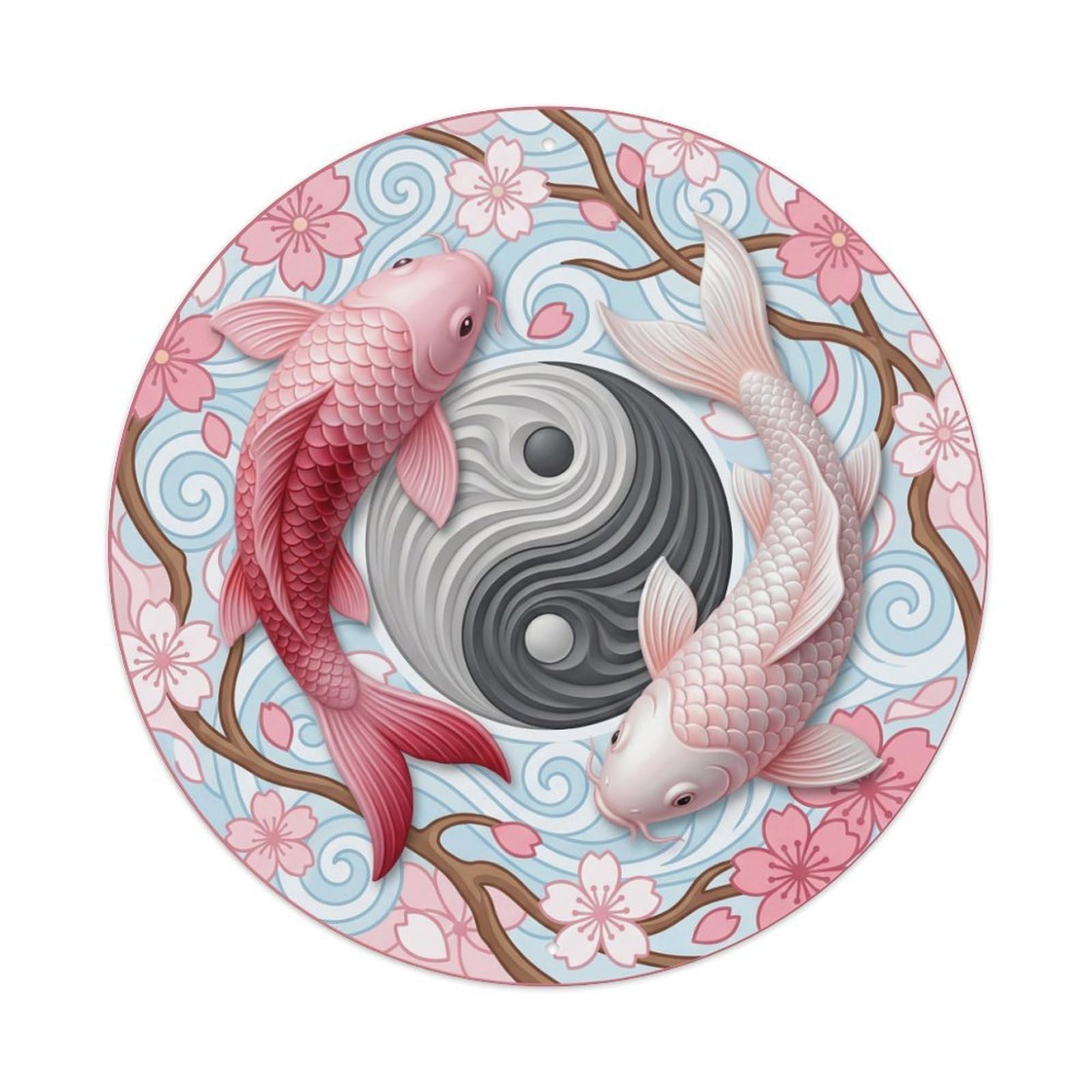 Metal Tin Sign Tai Chi Koi Fish Cherry Blossom Art