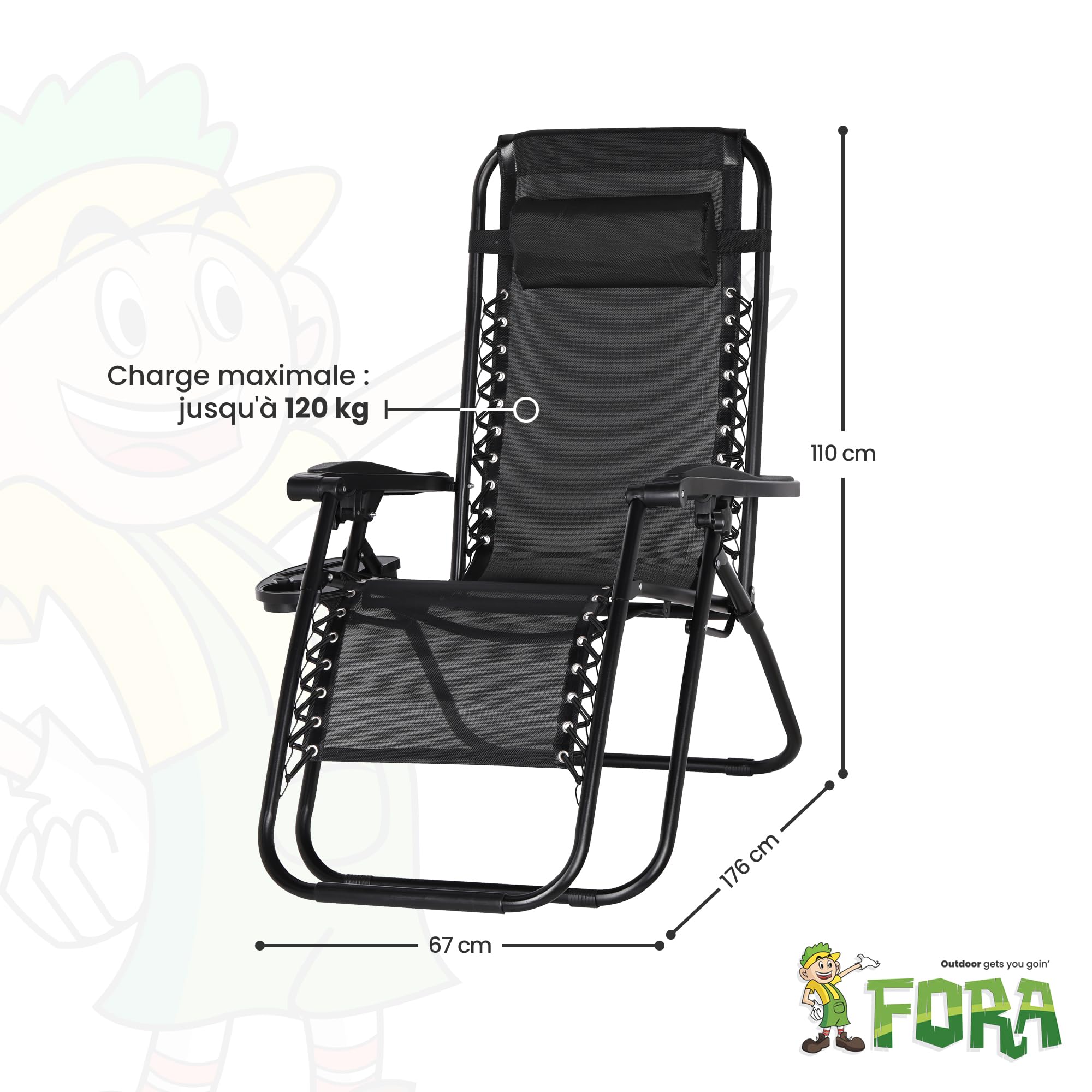 FORA Lot De 2 Chaises Longues de Jardin Pliables – 176×67×110 Cm, Tube 25mm et Toile Aérée, Noir, Inclinables avec Verrou De Sécurité, Coussin Inclus, Pliage Rapide, 120 Kg