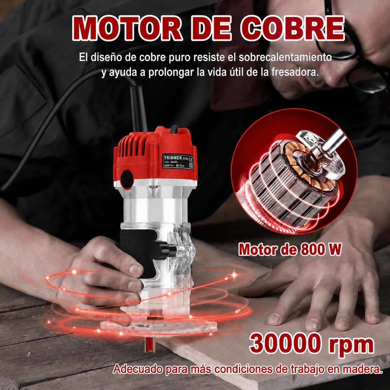 Fresadora Para Madera Compacta, 800W 30000RPM Fresadora De Mano Portátil, 6,35 mm Rebajadora Eléctrica con Guía Lateral y Guía Recta, para Ranuras, Cantos y Perfiles