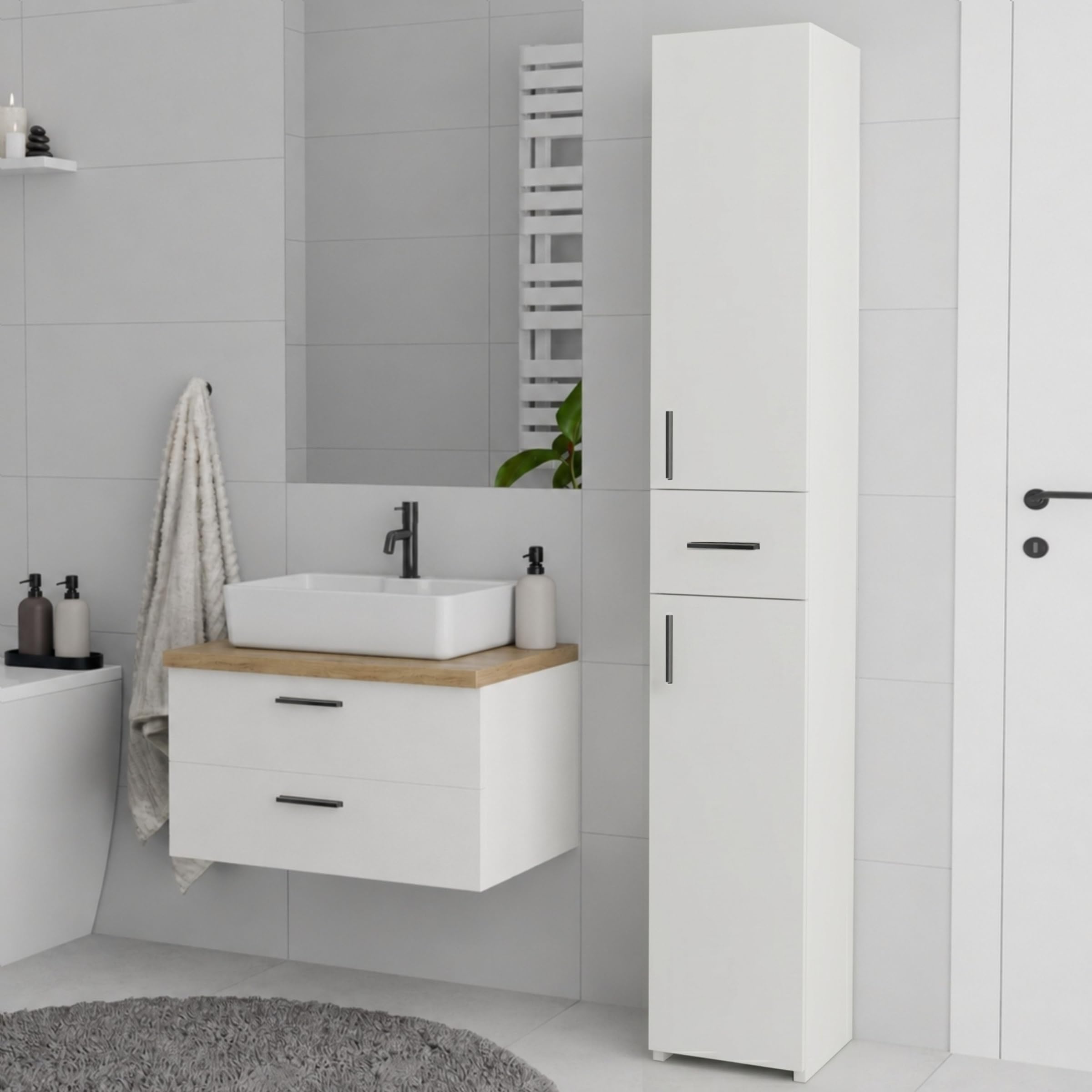 Columna de Baño con Cajón y 2 Puertas, Blanco | Mueble de Baño Estrecho, Armario de Almacenamiento para Cocina y Salón, Blanco