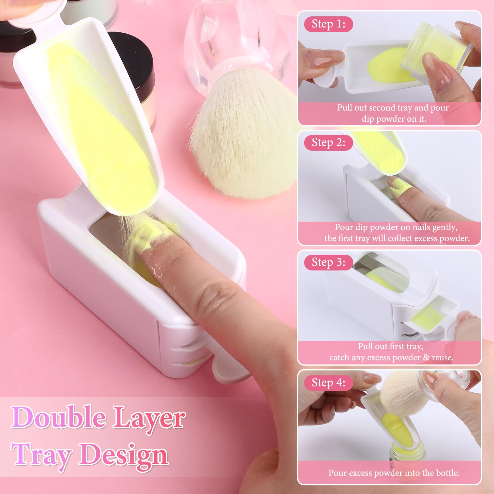 Dip-Pulver-Recycling-Tablettt, tragbares Nagelpulver-Tablettt, Set mit Nagelstaubpinsel, Glas-Nagelfeile, französische Nagelkunst-Maniküre, unverzichtbares Werkzeug, Make-up-Werkzeug
