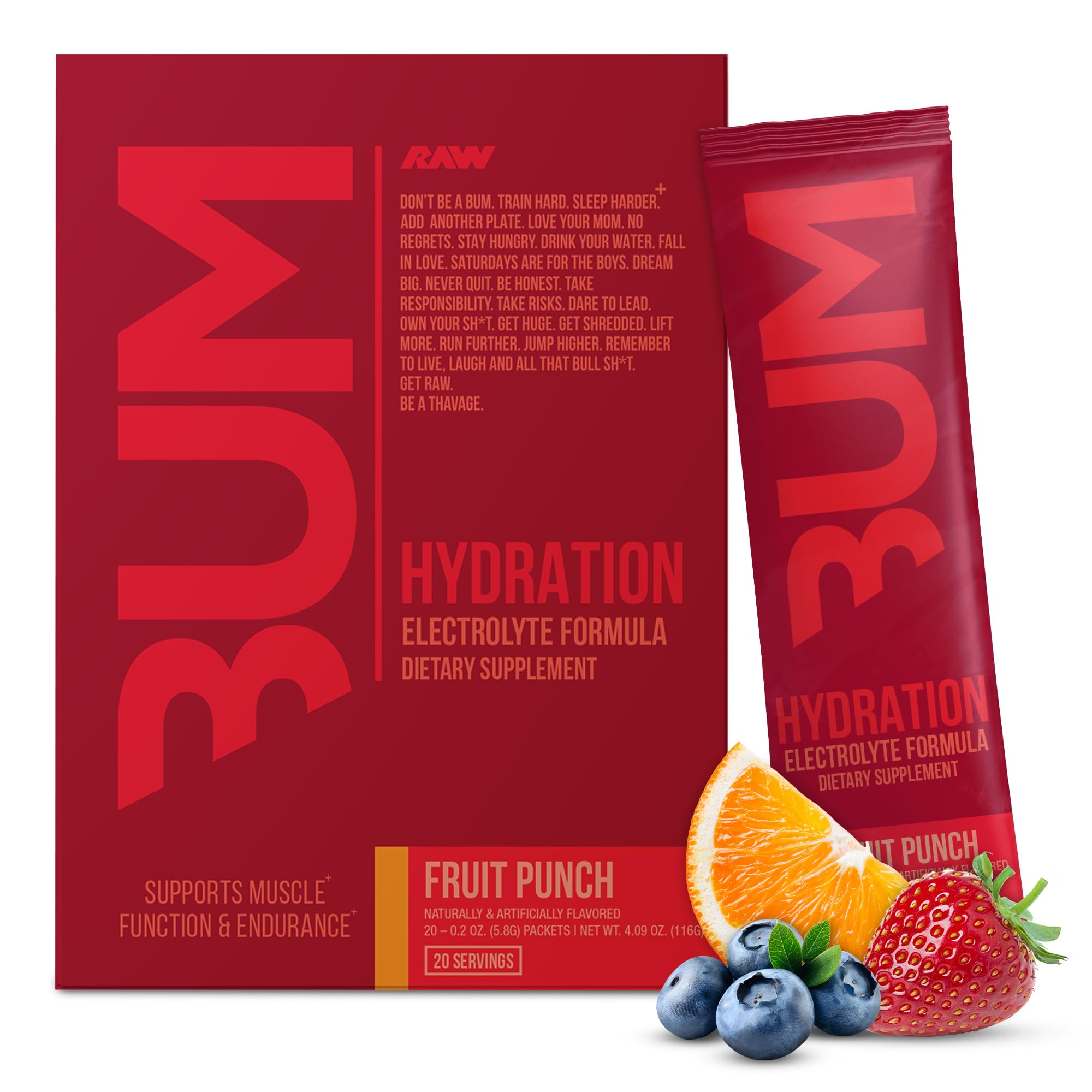 Electrolytes Powder Hydration Drink Mix Packets, BUM Hydrate (Fruit Punch, 20 Servings) - Electrolyte Hydration Packets Supports Muscle Function & Endurance - Keto Free Electrolytes Powder Packets