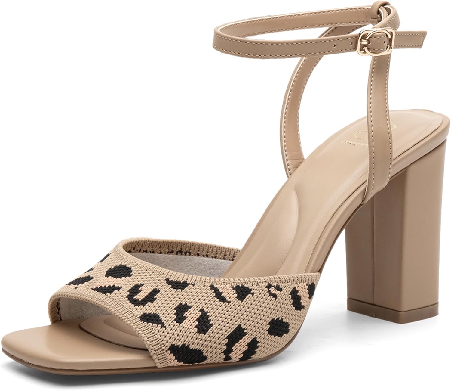 NEWBELLA Women's Square Toe Heeled Sandals - Chunky High Heels with Adjustable Ankle Strap Design, Comfort Dress Shoes for Wedding, Party, Evening, Leopard 7.5