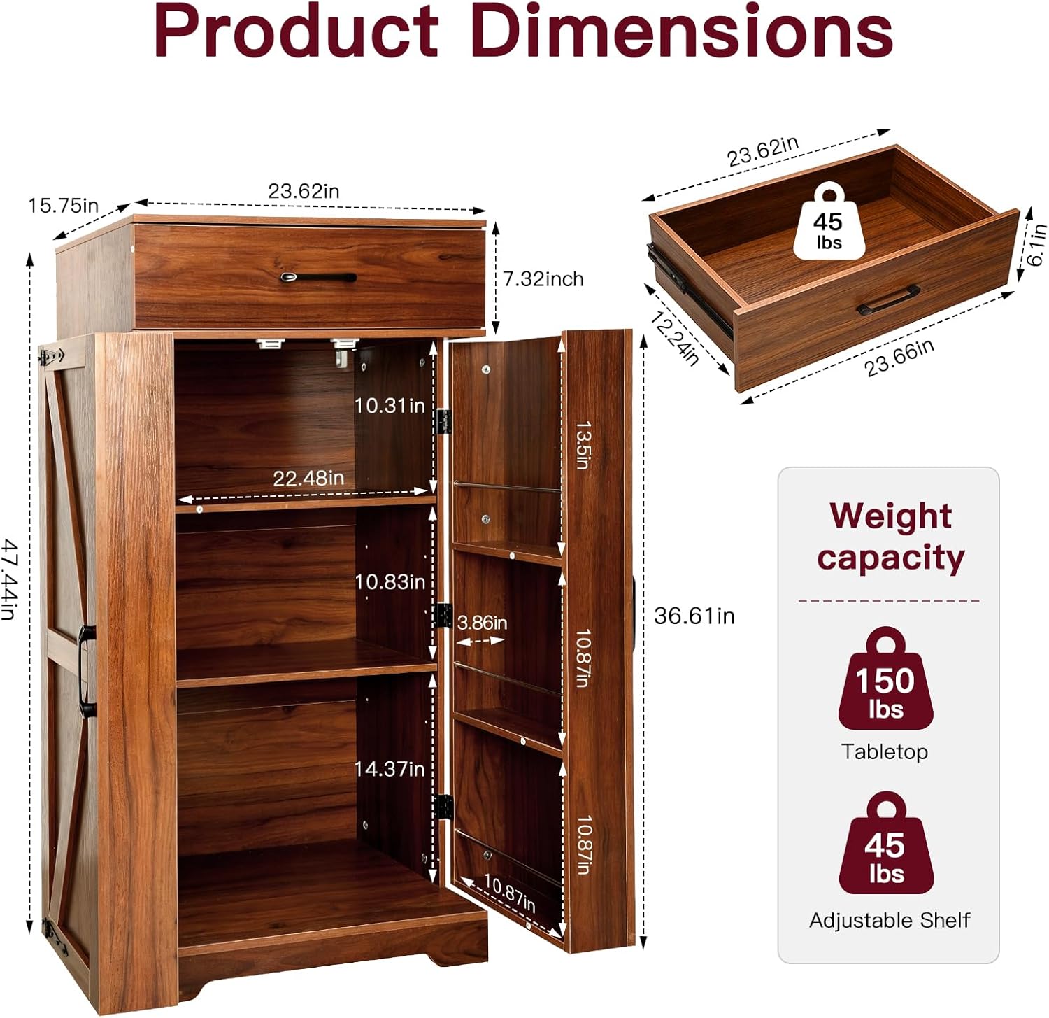 CypherX 47” Kitchen Pantry, Kitchen Storage Farmhouse Storage Cabinet with Drawer and Adjustable Shelves, Buffet Cupboards Sideboard, Wood Coffee Bar Cabinets with Door for Kitchen, Living Room, Brown