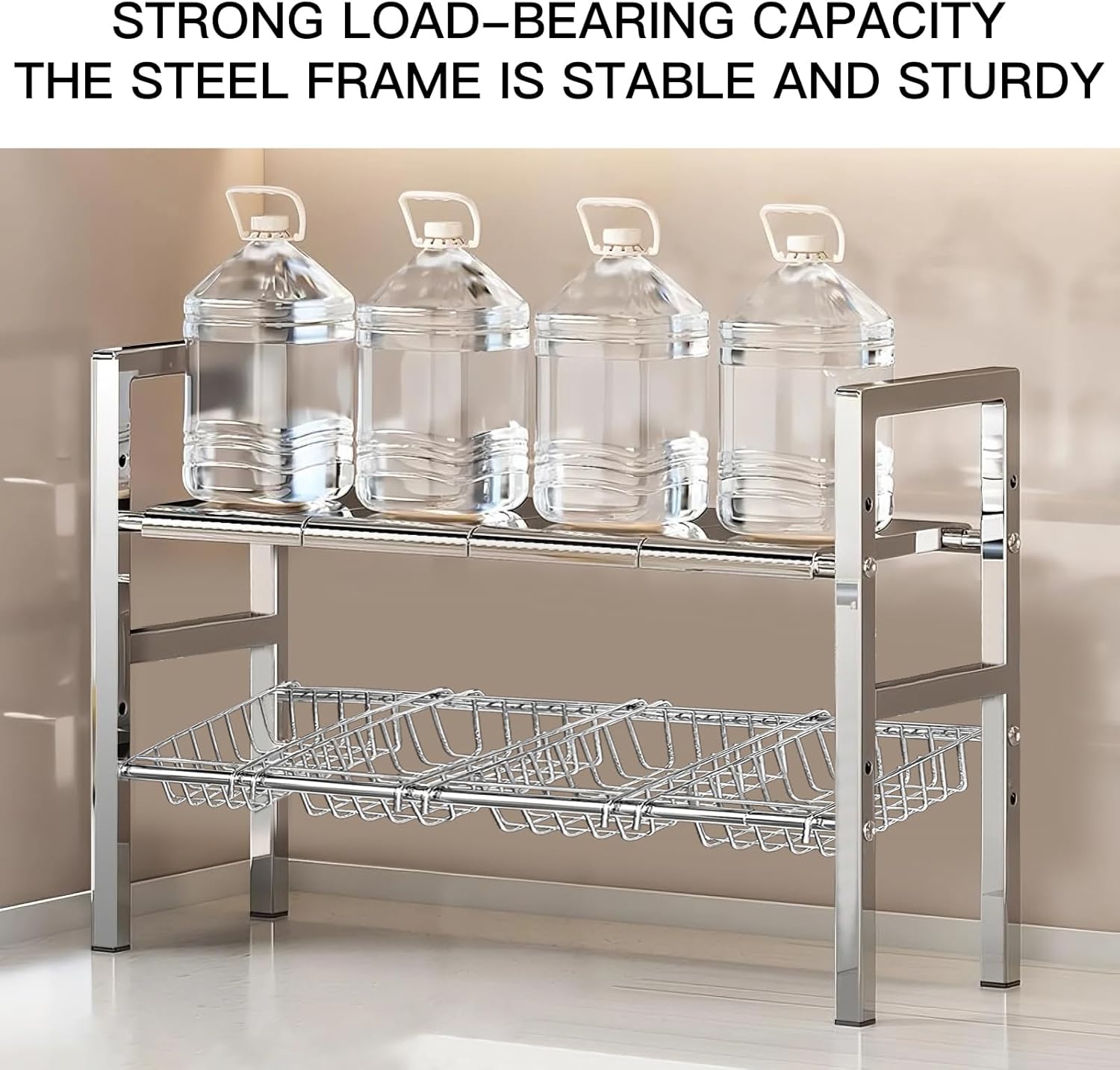 Large Under Sink Organizer 2 Tier Expandable Heavy Stainless Steel Shelf Adjustable Height for Under Kitchen Bathroom Sink Organizers and Storage (Large Size: 4 Panels 4 Storage Baskets) - Image 7