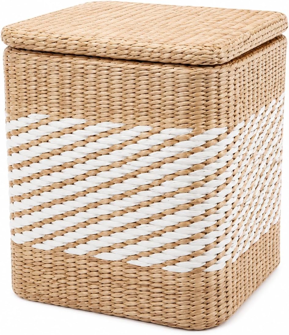 Handwoven Multifunctional Storage Ottoman with Lid, Sturdy High Load-Bearing Round Footstool, Natural Weave Solid Wood Frame for Living Room Bedroom Patio Home Office