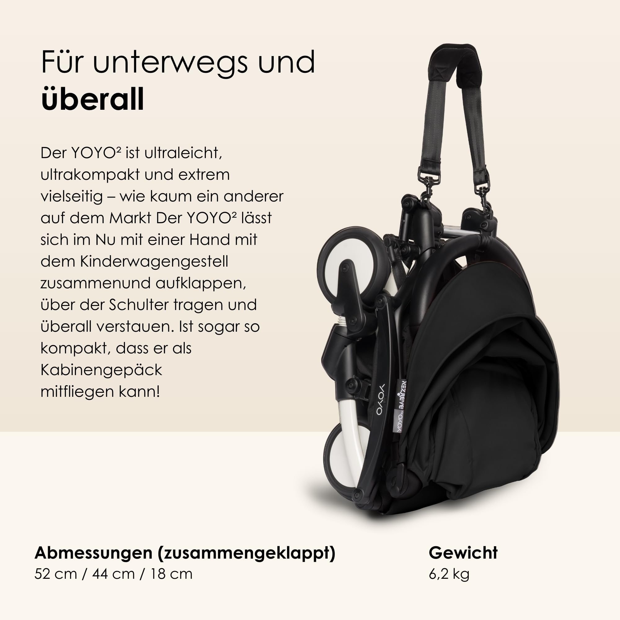 BABYZEN YOYO2 Kinderwagengestell, Black - Textilset nicht inbegriffen - Kommt mit 5-Punkt-Gurt, mehrfach verstellbarer Rückenlehne, Verdeckbügel, Schultergurt und schützender Aufbewahrungstasche