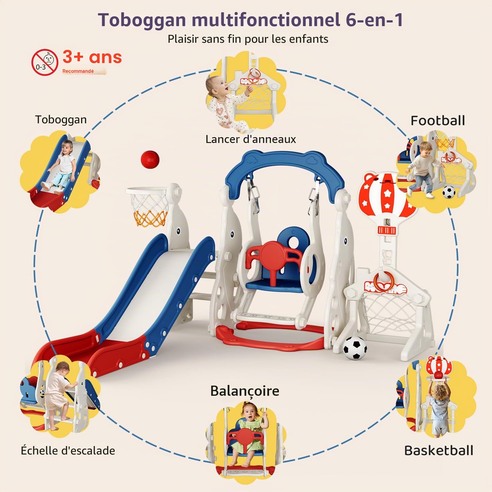 Toboggan 11 en 1 pour Tout-Petits, Toboggan intérieur et extérieur pour Enfants avec Panier de Basket, Golf, télescope et Espace de Rangement， pour 1 à 3 Ans