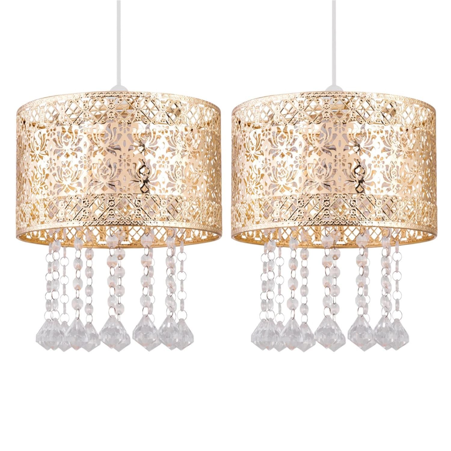 Firstchoicelighting Gold Pair Of Modern Ceiling Light Shades Morrocan Cut Out Design Lightshade Acrylic Crystal Jewelled Light Easy Fit Shade - No Wiring Required