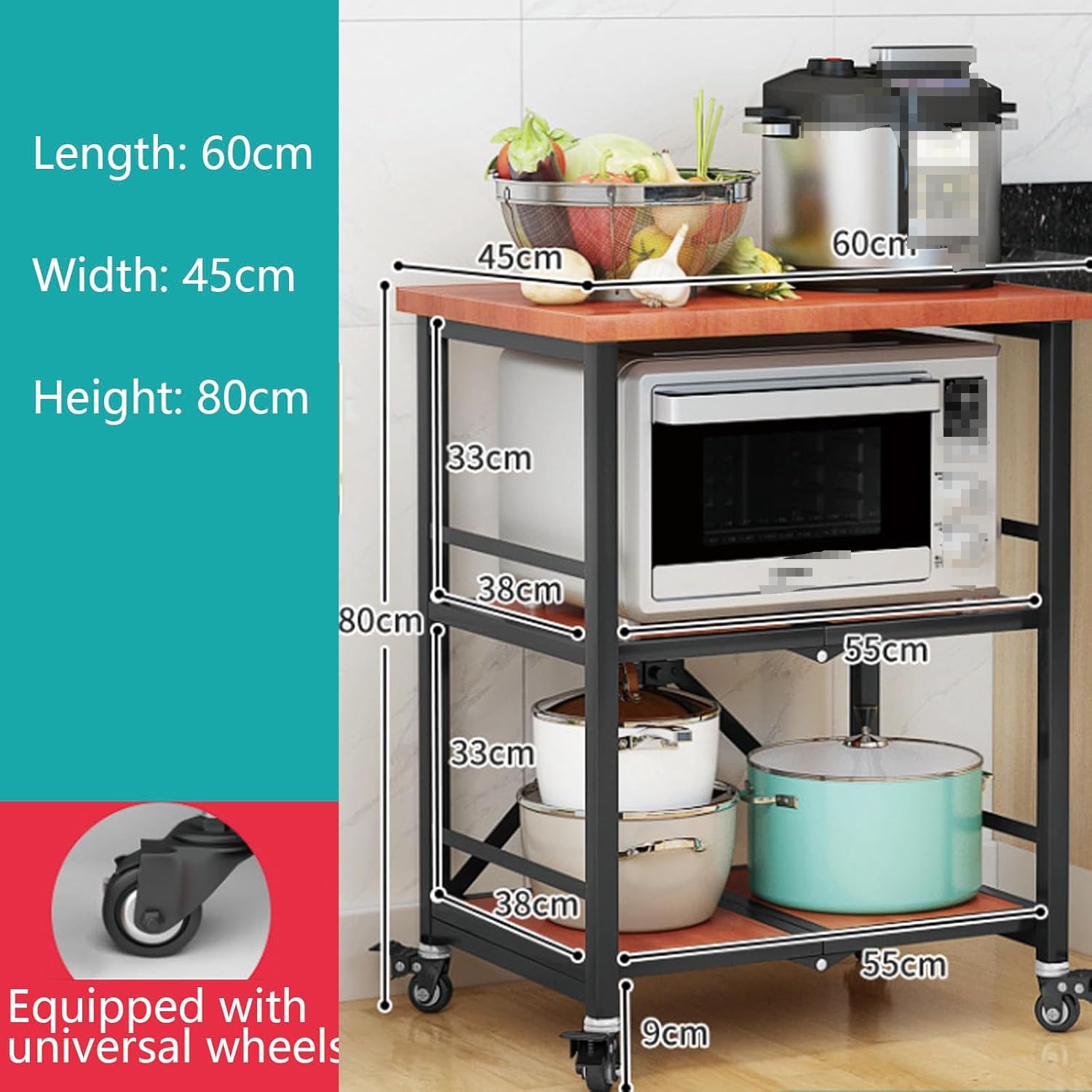 Carrello da cucina in acciaio inox, pieghevole, a 3 ripiani, con ruote bloccabili, grande ripiano per servire e riporre oggetti