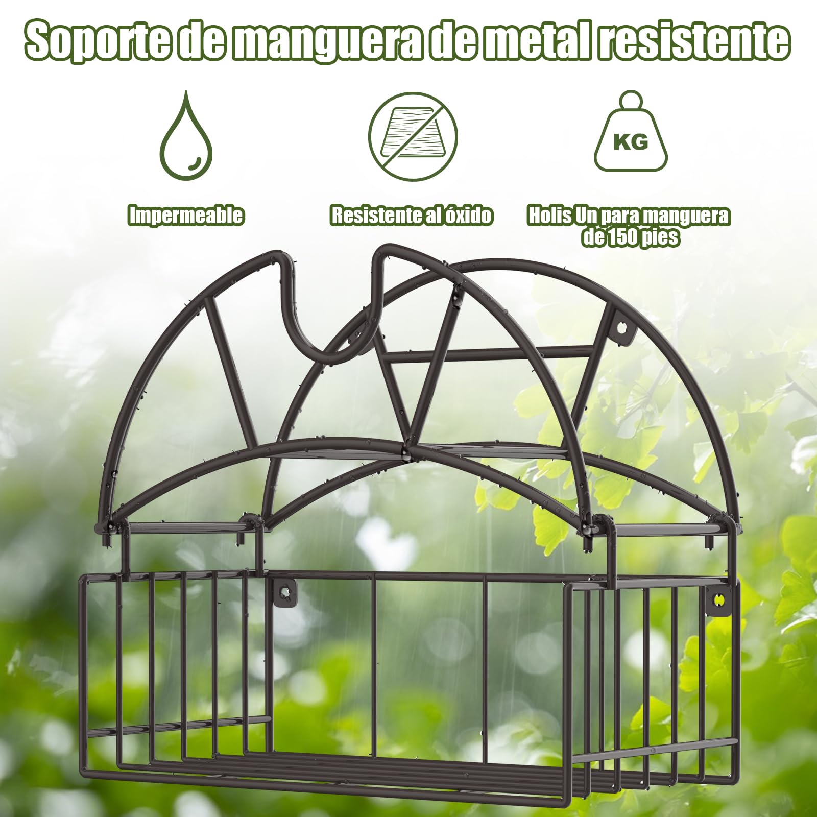 Soporte para manguera de jardín, soporte para manguera de agua de montaje en pared con cesta de almacenamiento de herramientas, soporta hasta 150 pies, organizador de manguera para patio exterior