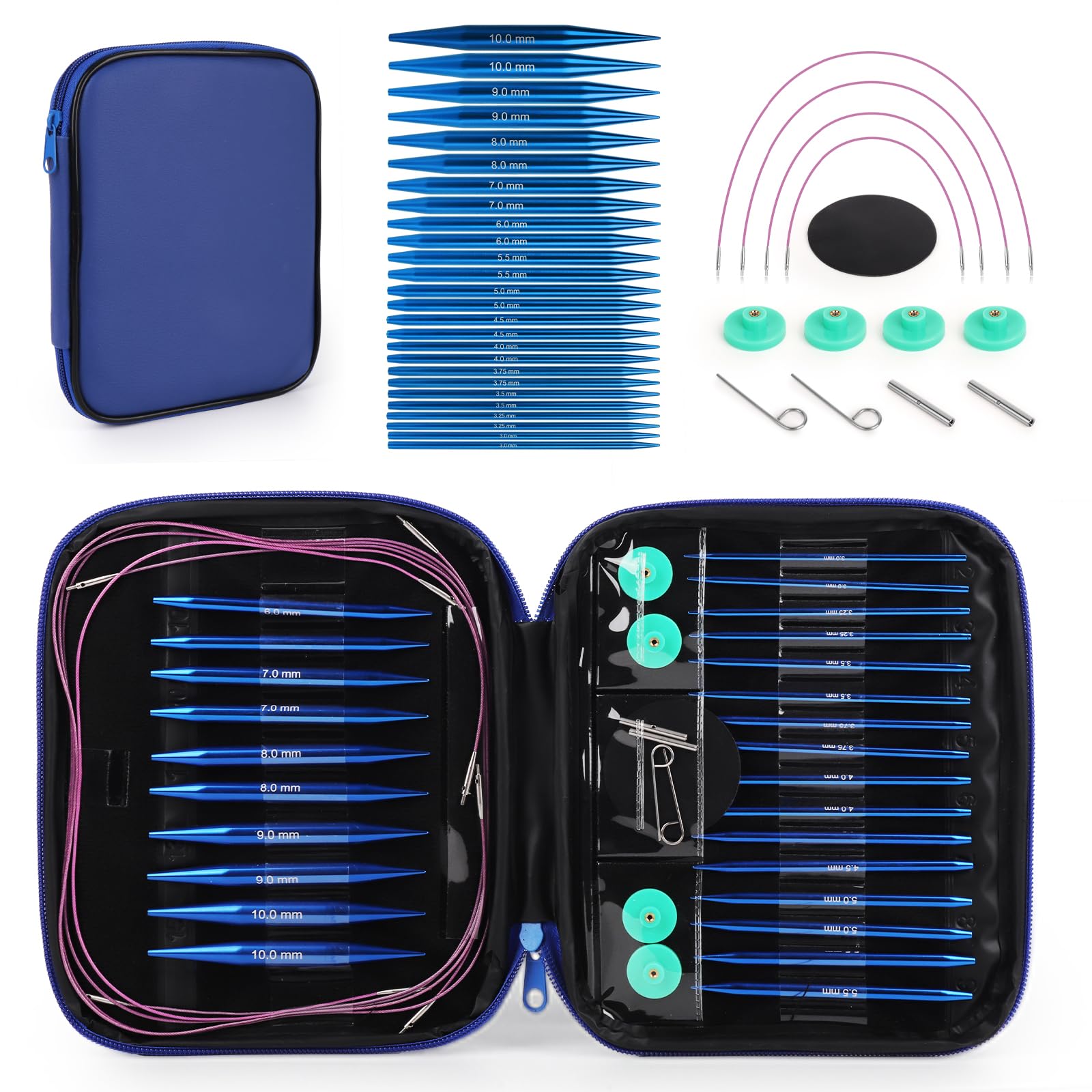 Interchangeable Circular Knitting Needles Set, 13 Pairs (26pcs) Aluminum Knitting Needles Kit, Sizes 3.0mm-10.0mm, Knitting Needle Case & Accessories, for Knitting Projects, Beginners & Advanced Blue