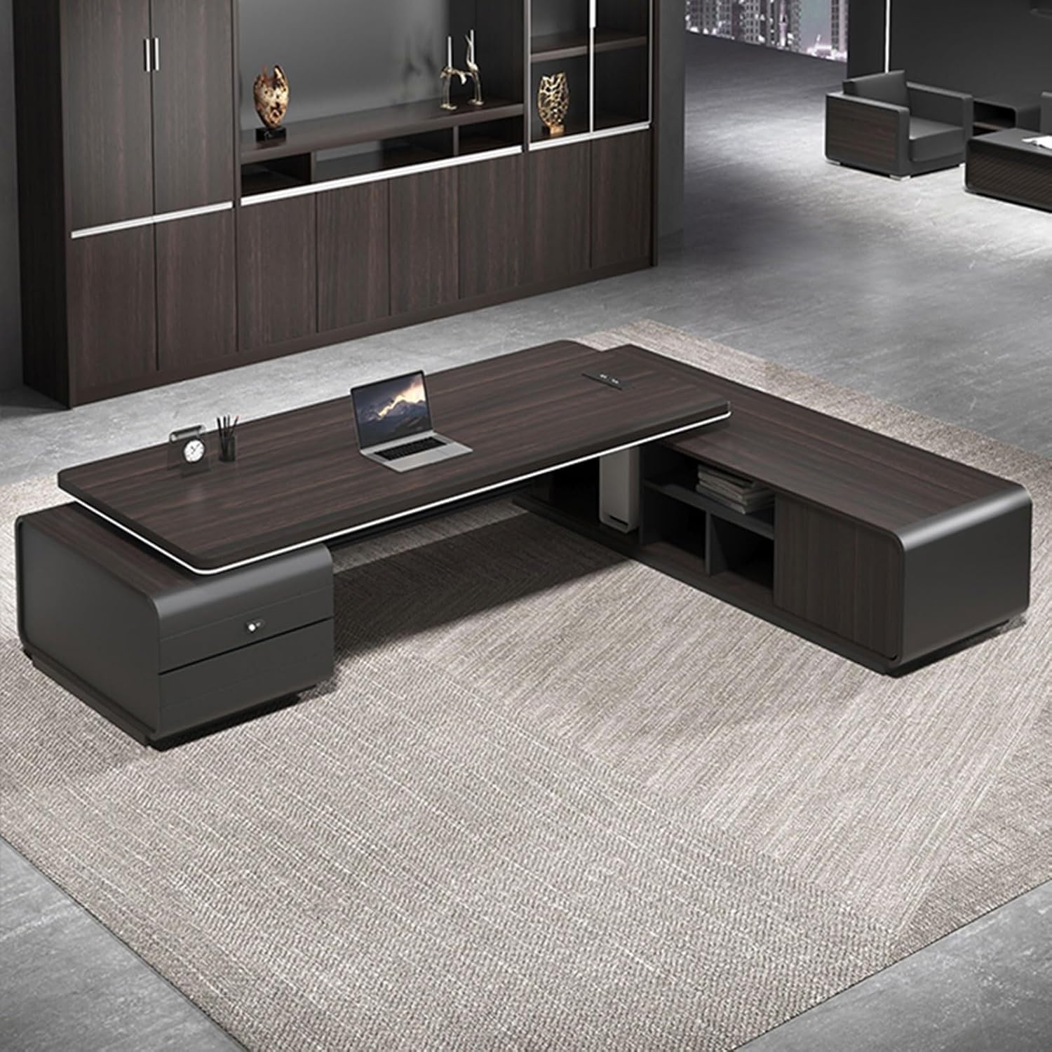 Modern L Shape Executive Desk with Lateral Cabinet Business Home Office Desks Manufactured Wood Computer Table for CEO Boss Bedroom Furniture(94in)