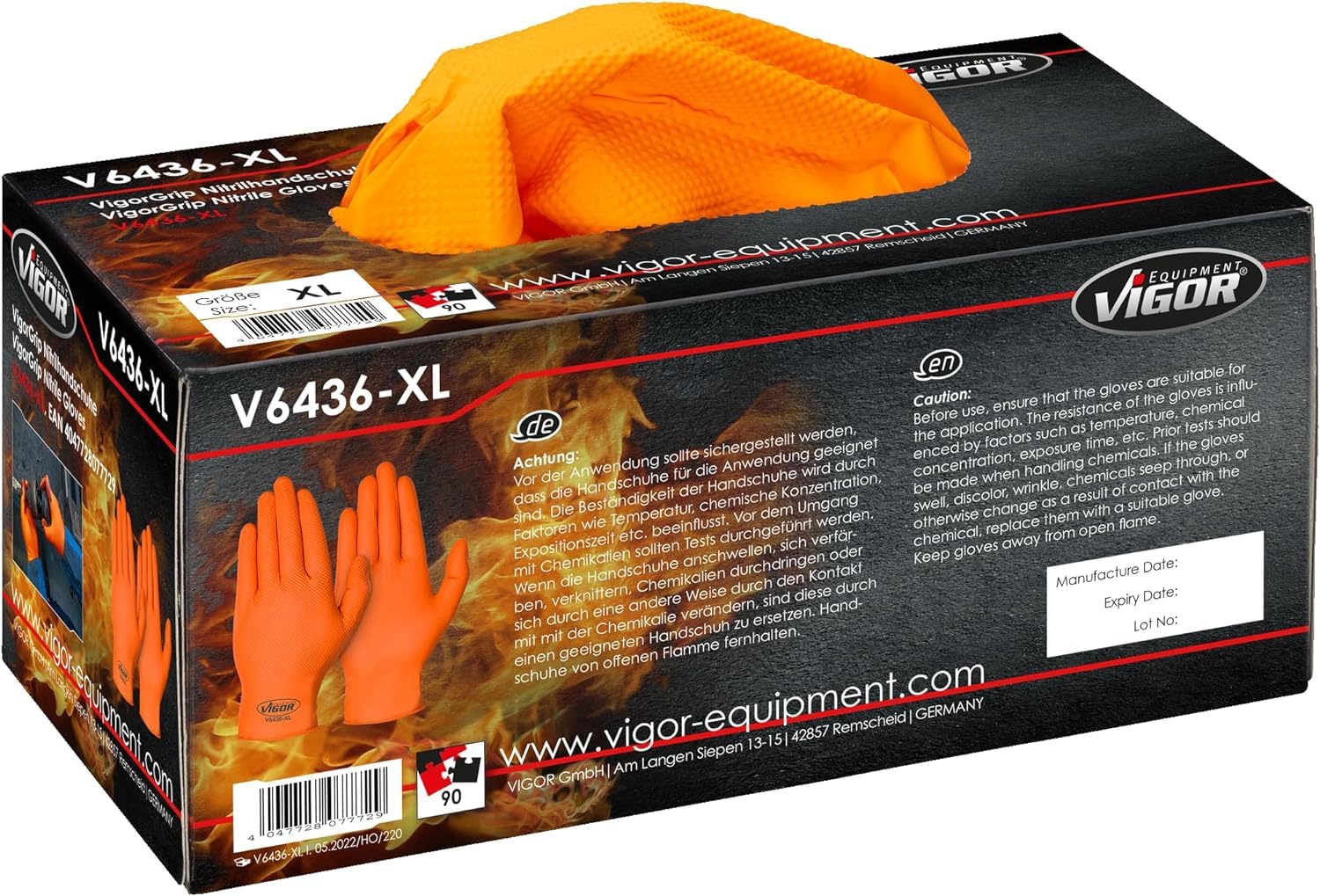 ViGOR Gants nitrile V6436-L Pack de 100 I excellente adhérence, antidérapant même en présence d'huile, de graisse, de produits chimiques et de saleté I Gants pour écran tactile I Orange, taille 9