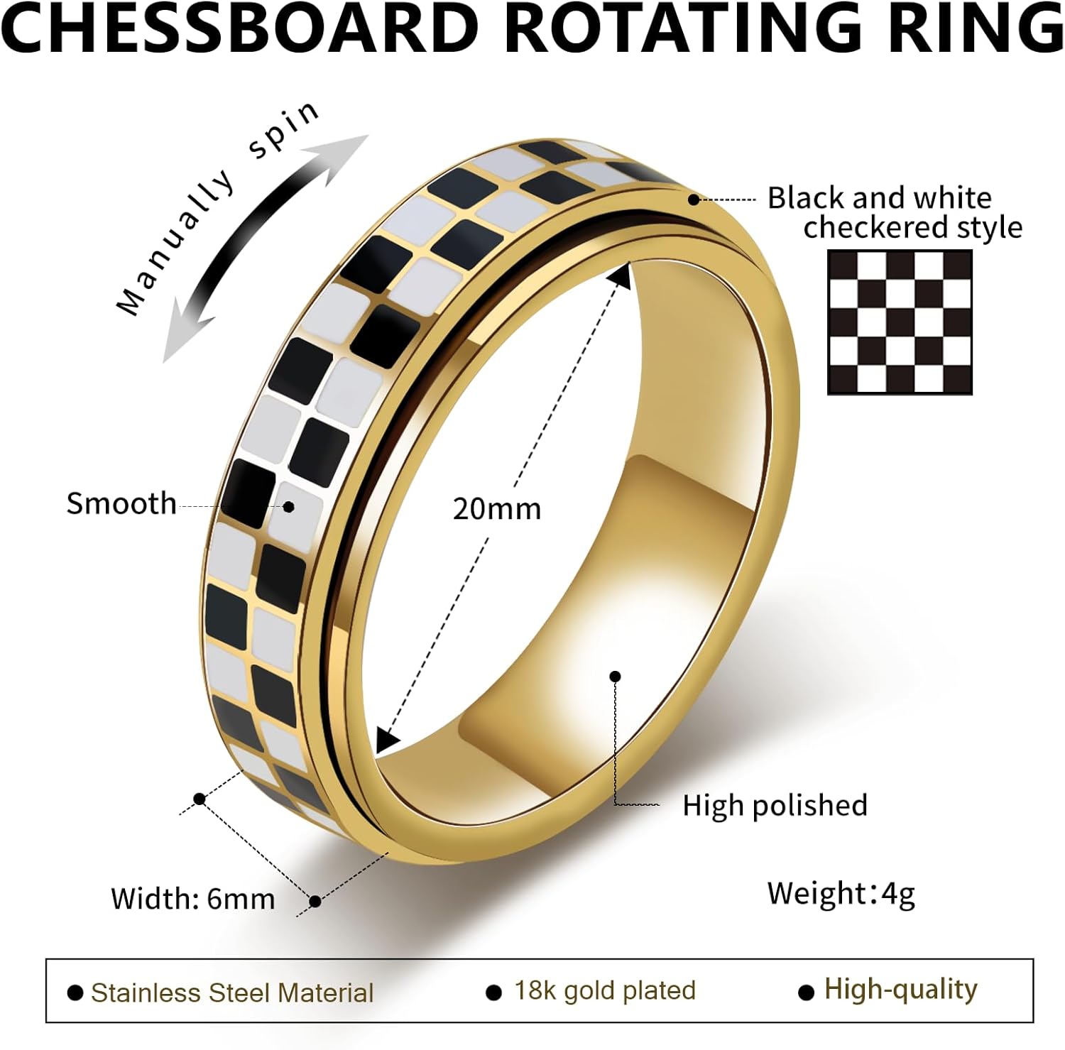 AmorArtSky Checkered Fidget Ring for Adults - 18K Gold Plated Stainless Steel Rotating Spinner Jewelry, Anxiety & Stress Relief Gift for Women/Men (Black and White Pattern) - Image 7