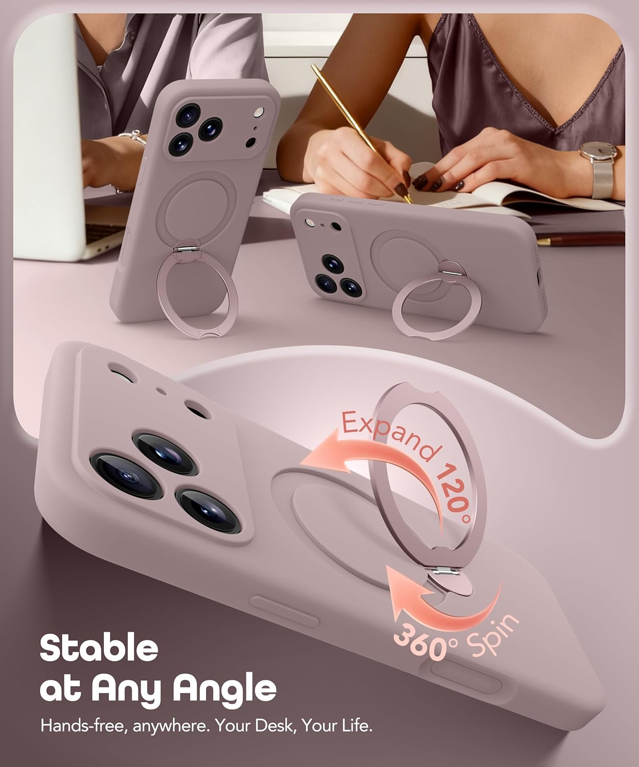 GolbinBox for iPhone 17 Pro Case with 360° Spin Magnetic Stand, [Compatible with MagSafe][Full Camera Protection],Full Body Shockproof Liquid Silicone Case with Ring Stand for 17 Pro 6.3'', Light Taro - Image 4