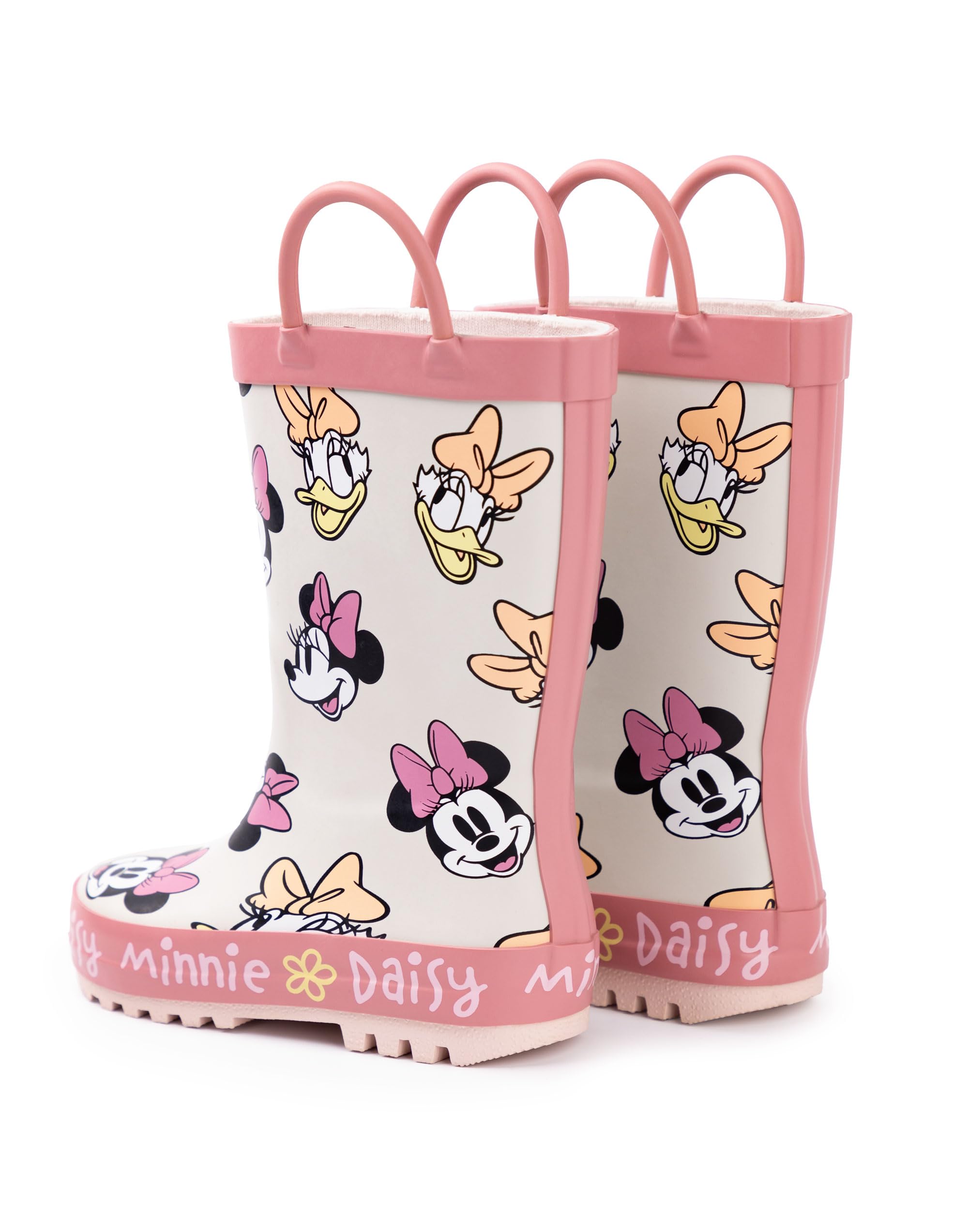 Disney Dziewczynki kalosze z myszką Minnie | Dziecięce kalosze z uchwytem Minnie i Daisy z nadrukiem na całej powierzchni w kolorze beżowym i różowym, wodoodporne, łatwe do wciągania gumowe buty dla
