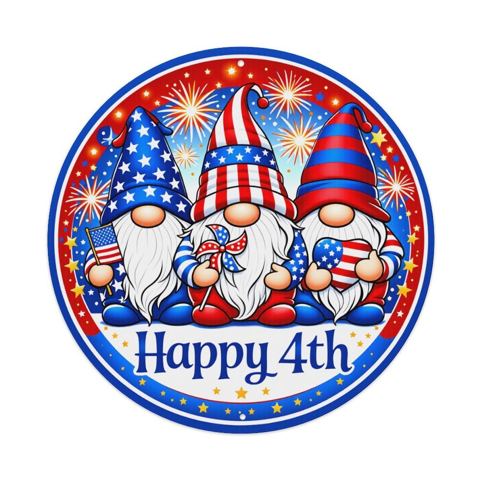 Patriotic Gnomes Fireworks Stars Flag Metal Tin Sign Vintage Garden Bedroom Cafe Bar Man Cave Home Wall Decor Metal Poster 8x8 inches