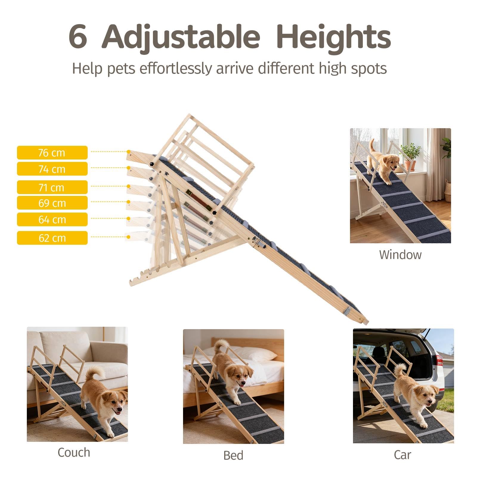 GYMAX Rampa pieghevole per cani, 150 cm di lunghezza, con altezza regolabile a 6 livelli, guide laterali rimovibili e tappeto antiscivolo, scala portatile in legno per cani per letto alto, divano e