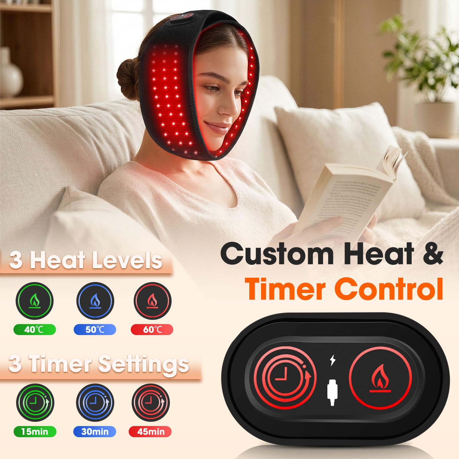 Cojín de calor facial para TMJ Relief con luz roja, 3 calentadores y 3 | Almohadilla eléctrica inalámbrica para la barbilla con 5000 mAh para la recuperación de los dientes, relajación de la