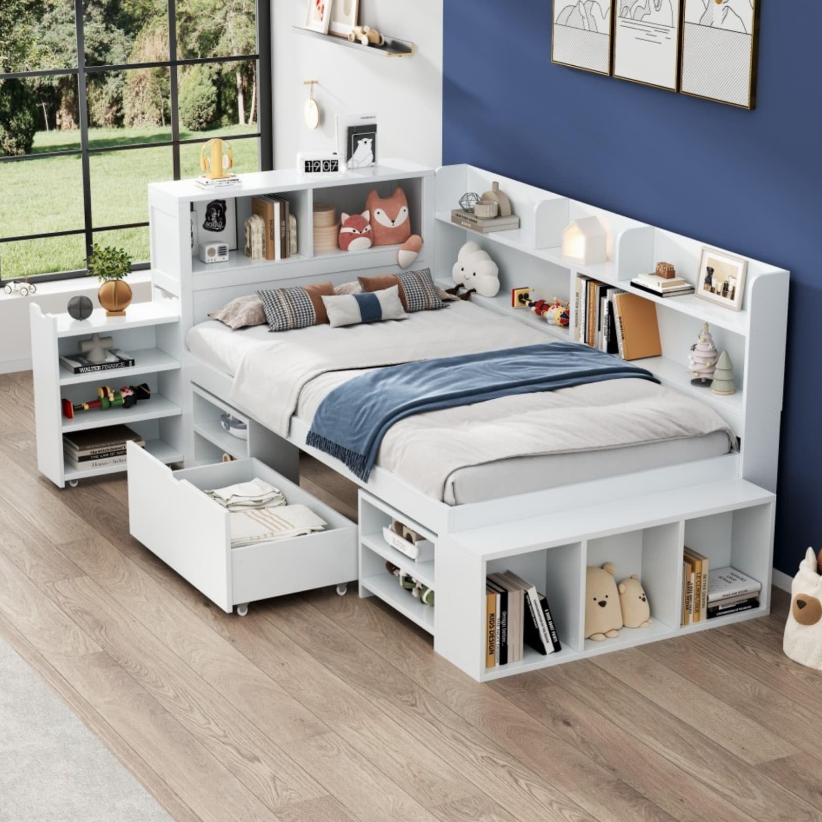 KOMHTOM Lit d'enfant Multifonctionnel avec Tiroirs, Bibliothèque et Armoire de Rangement, Cadre de Lit Plateforme, Sommier à Lattes en Bois, Blanc(sans Matelas) (90x200 cm)