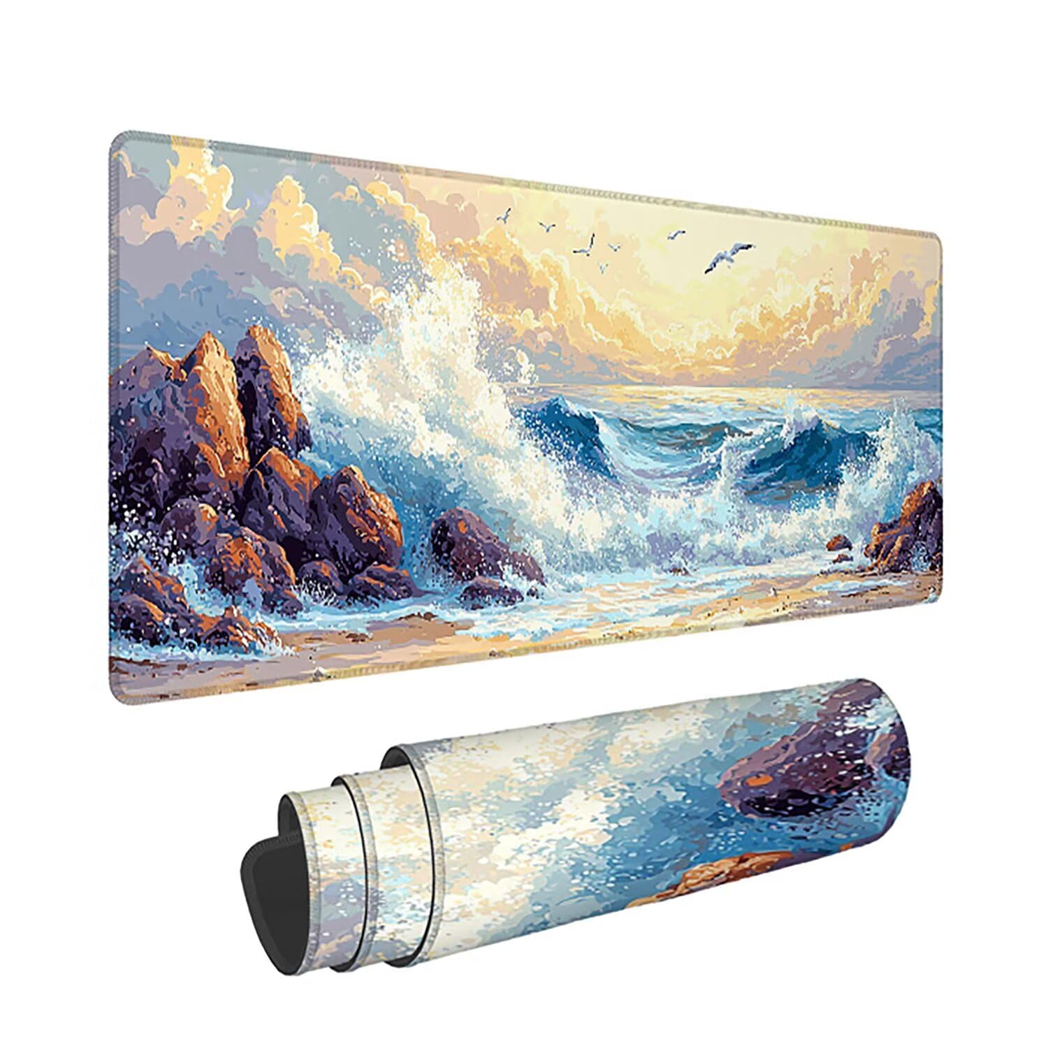 Podkładka pod mysz XXL Ocean - 1600x800x3mm - krajobraz Duża mata na biurko z przeszytymi krawędziami Wodoodporna antypoślizgowa do komputera, laptopa poprawia precyzję i szybkość. -36720
