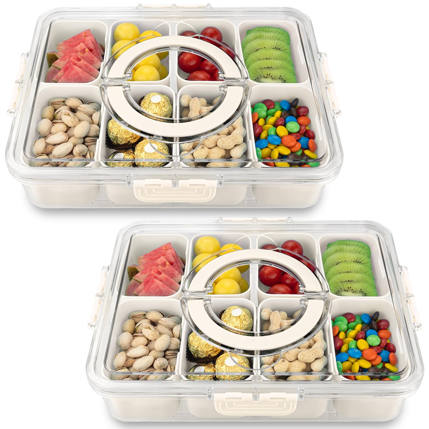 divided serving tray with lid and handle,8 compartments snacks box,snack fruit tray,veggie tray,portable platter for candy fruits nuts snack party entertaining picnic(2 pcs)