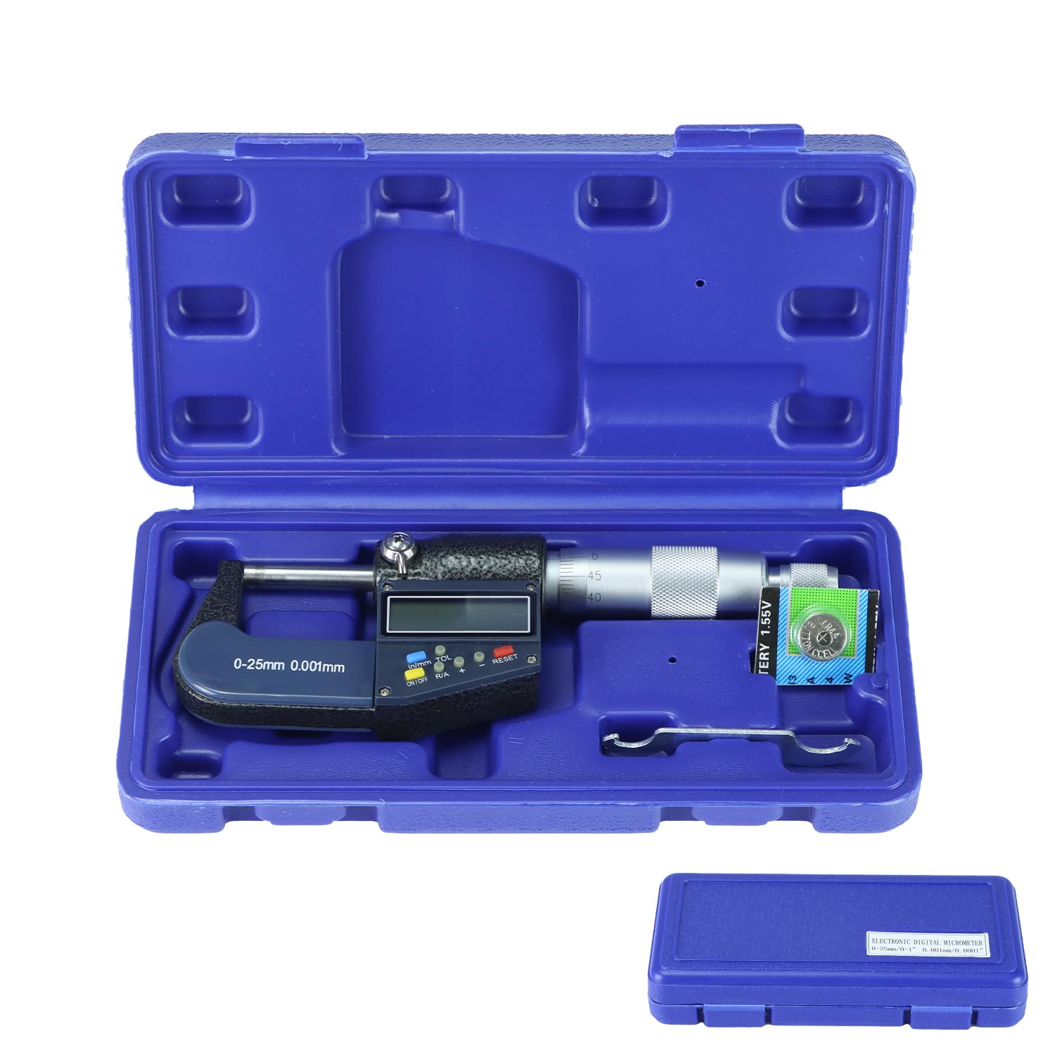 QWORK Micrómetro exterior digital con punta de carburo, rango de medición de 0 a 25 mm, alta precisión ± 0,002 mm, pantalla LCD