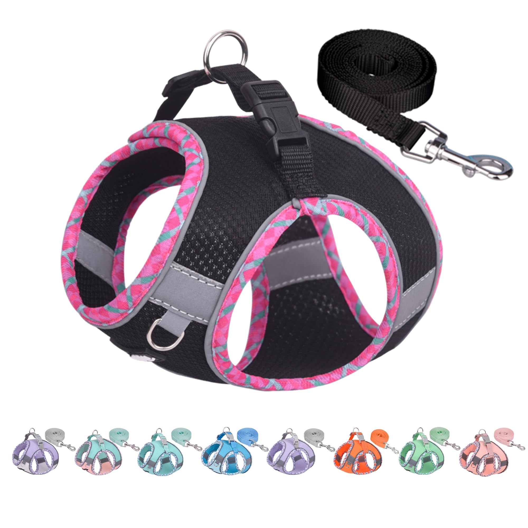 AiitleTeacup Puppy Harness with Leash - Adjustable Soft Vest with Magic Velcro & Reflective Safety Strips, Easy-Put-On for Poodles, Pomeranians - Gym, Hiking, Travel (Black, S)