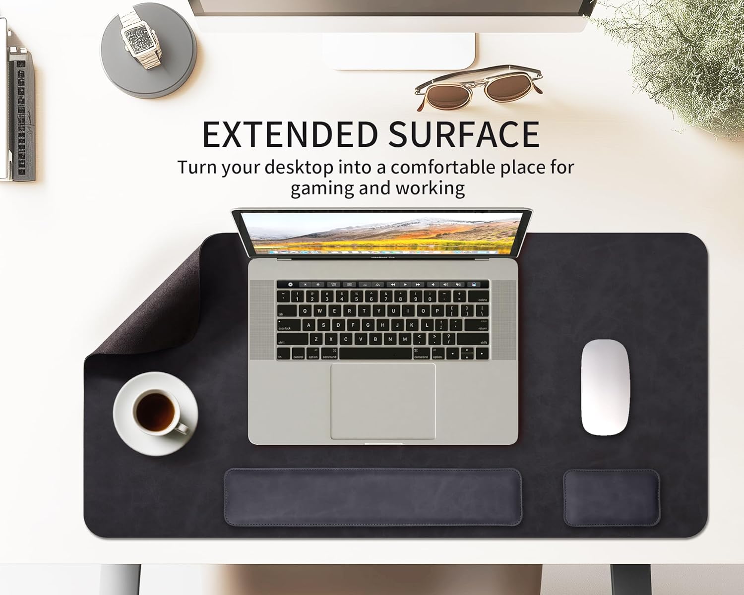 RENMTURE Large Mouse Pad and Keyboard Wrist Rest, Desk Pad for Keyboard and Mouse, Large Gaming Mouse Pad with Wrist Support, Desk Mat for Work and Gaming (Black)