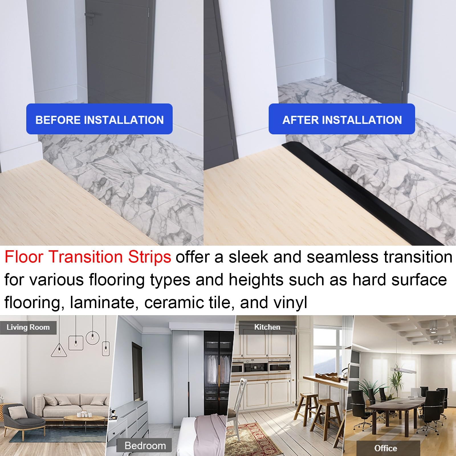 Blanco Negro Tira De Umbral Metalica, Banda De Umbral De Puerta De Suelo, Tapajuntas Suelo 43mm Tira De Transición De Piso De Aluminio, Perfil De Transición Para Alfombras Laminado Azulejos