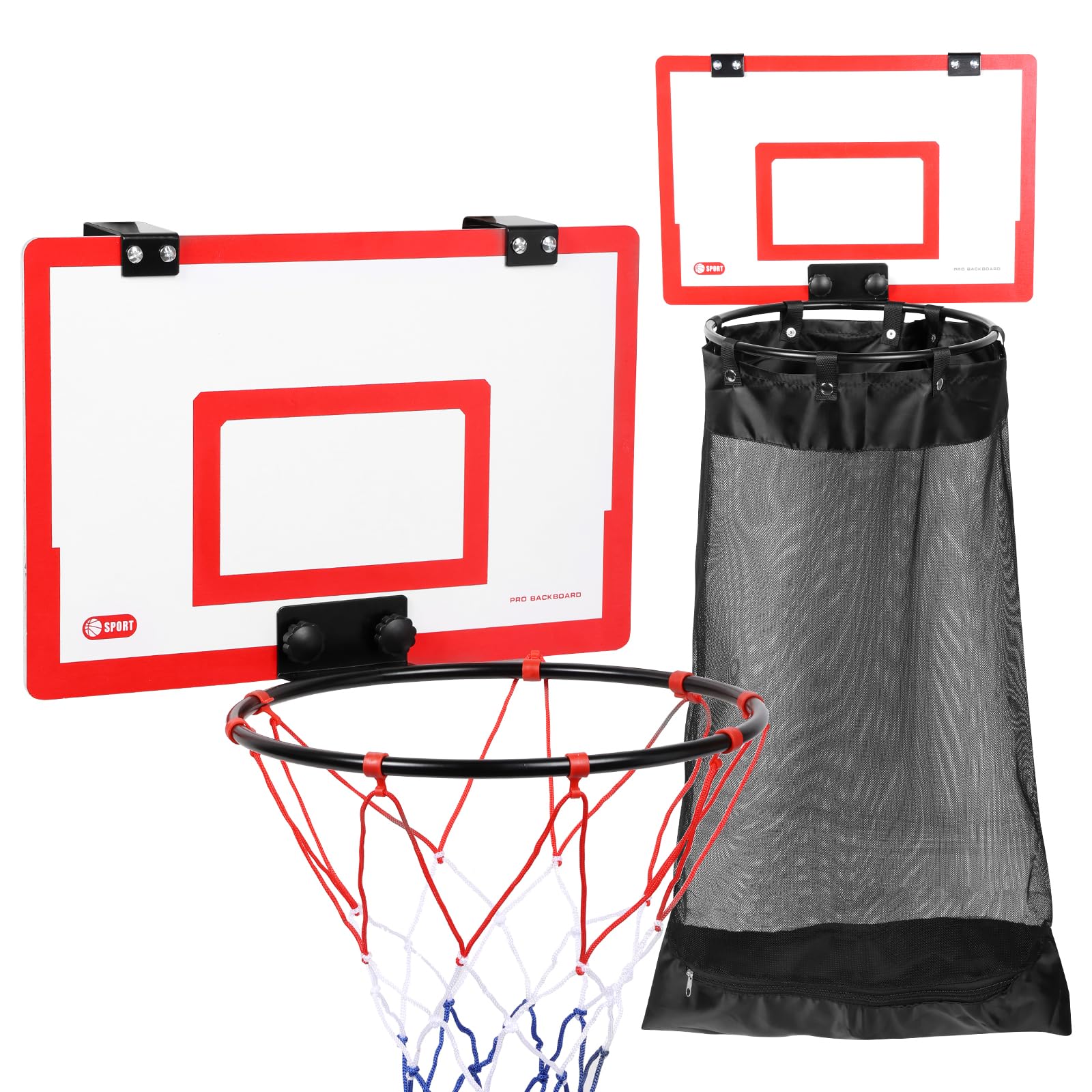 Door Hanging Basketball Hoop Laundry Basket, 2 in 1 Wooden Basketball Hoop Clothes Hamper with Zipper Over The Door Laundry Basket No Drill for Bedroom Bathroom(red)