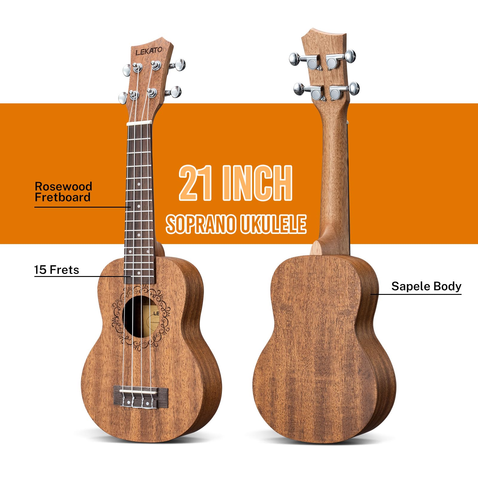 LEKATO Soprano Ukulele Sapeli Kit de démarrage pour ukulélé 21 pouces avec sac de transport/accordeur/sangle/médiators/corde, ensemble de ukulélé guitare 4 cordes Hawaii pour débutants, cadeau musical