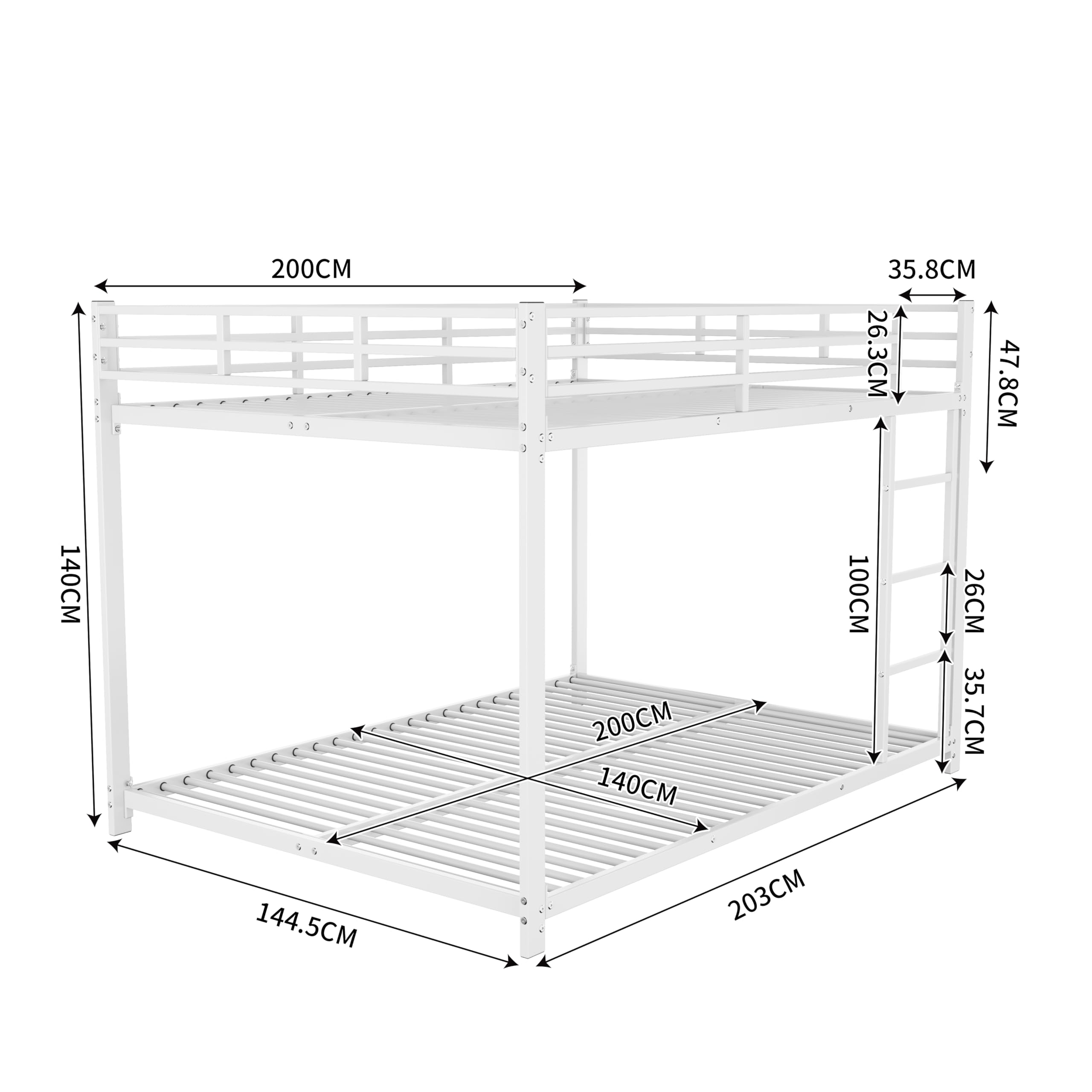 Cama alta de 140 x 200 cm, litera para 2 niños, estructura de metal, literas con barandilla alta estable, color blanco (blanco, 140 x 200 cm)