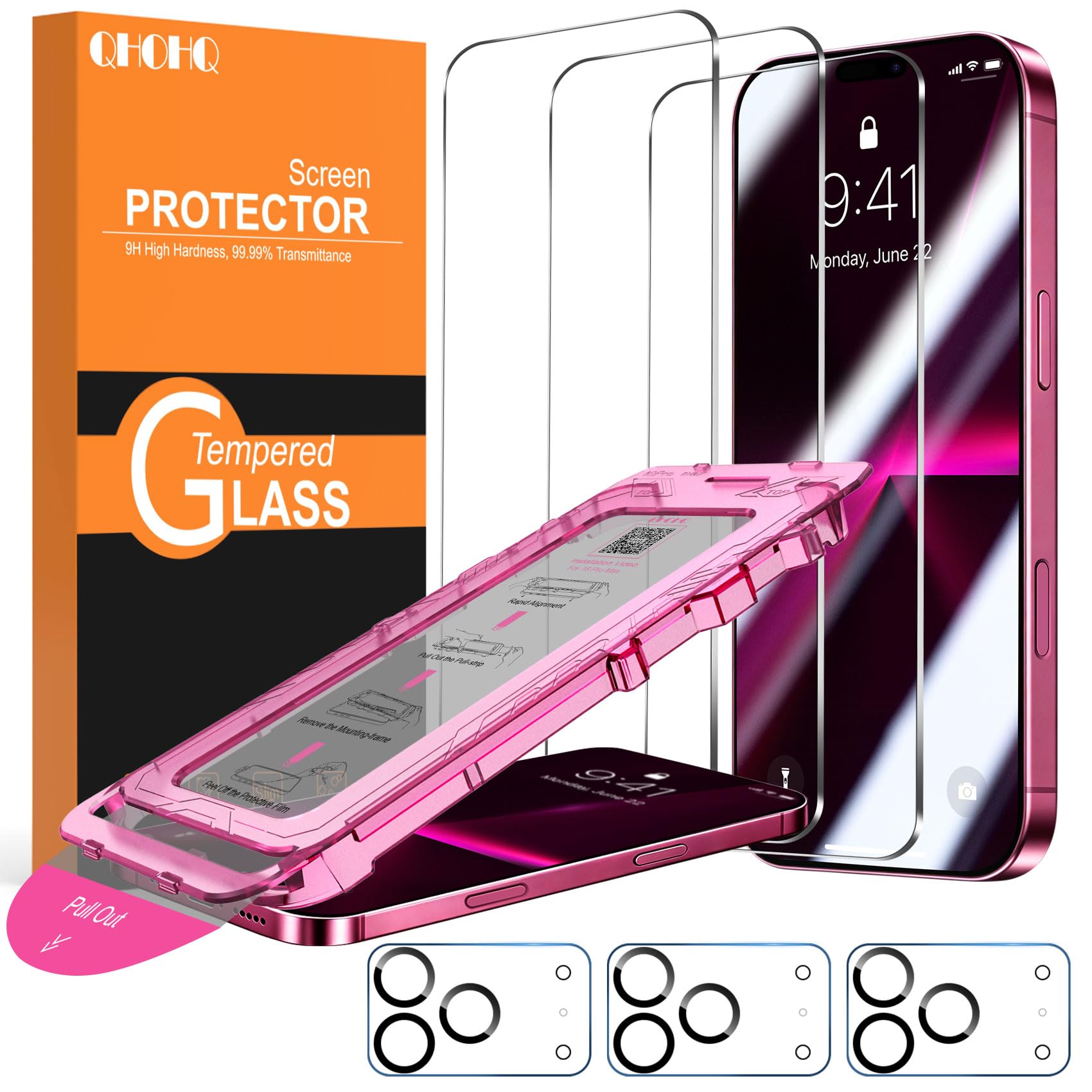 QHOHQ für iPhone 18 Pro Max für Panzerglas, 9H+ Schutzfolie, 3+3 Stück | mit Kameraschutz, Auto‑Ausrichtung Bläschenfrei Installation, HD, Anti-Kratzer, Kompatibel mit Hülle