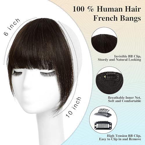 Miniatura 9 de AISI QUEENS Flequillo con clip, extensiones de cabello 100% humano con clip en flequillo negro (flequillo francés, negro natural)