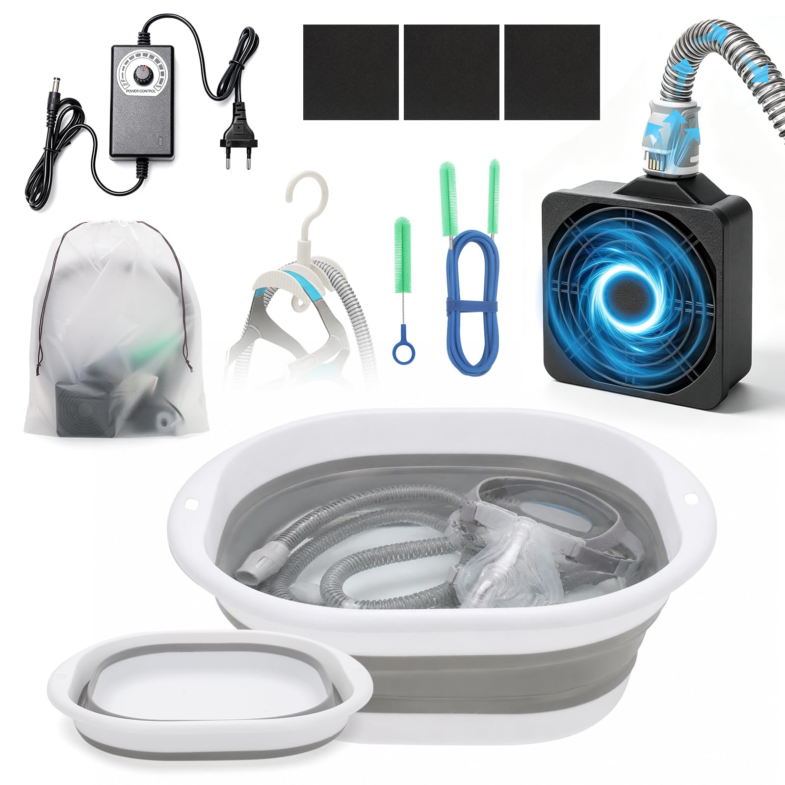 9-teiliges CPAP Reinigungsset – Schlauchtrockner mit 10 Geschwindigkeitsstufen, faltbare 8,3L Waschschüssel, 2,1m Schlauchbürste, Maskenbürste & Doppel-Halter – Kompatibel mit 15mm & 22mm Schläuchen