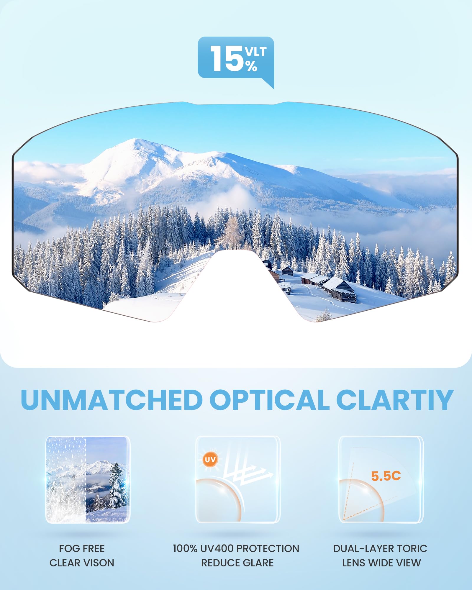 OutdoorMaster Falcon Kids 100% UV Protection Ski Goggles Anti Fog Snowboarding Goggles for Glasses(White Frame+VLT 15% Grey Lens with Revo Blue+Sun Strap)