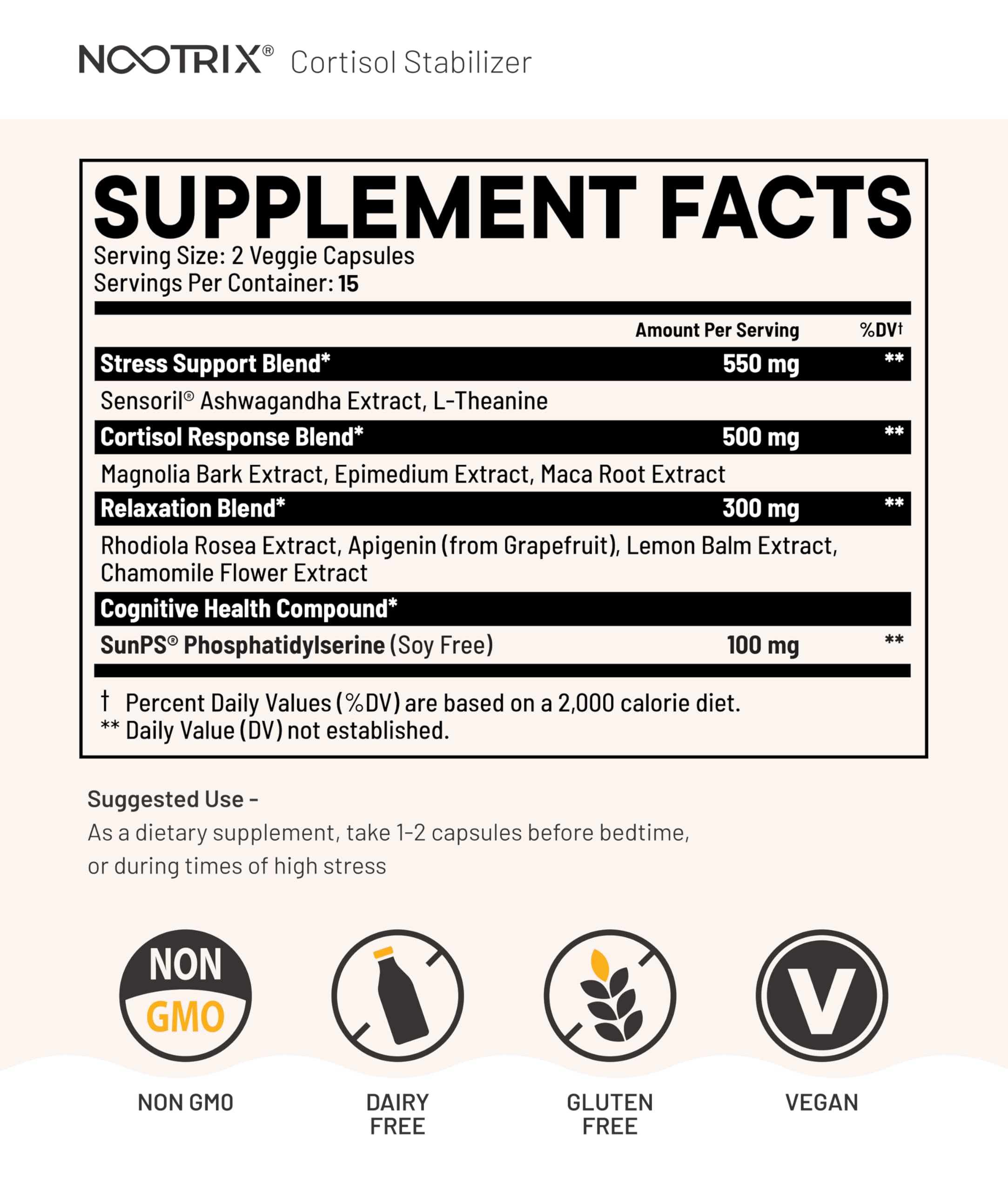 Nootrix Cortisol Manager & Stabilizer Supplement | Supports Deep Sleep, Relaxation, Adrenal Health & Stress | 300mg Ashwagandha | L-Theanine, Rhodiola Rosea Extract & Apigenin | 30 Capsules