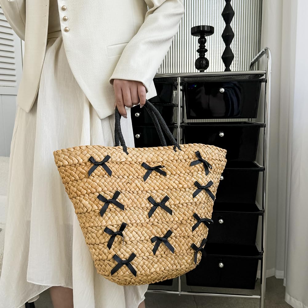 Borsa da donna in paglia con chiusura a cerniera, grande capacità, stile