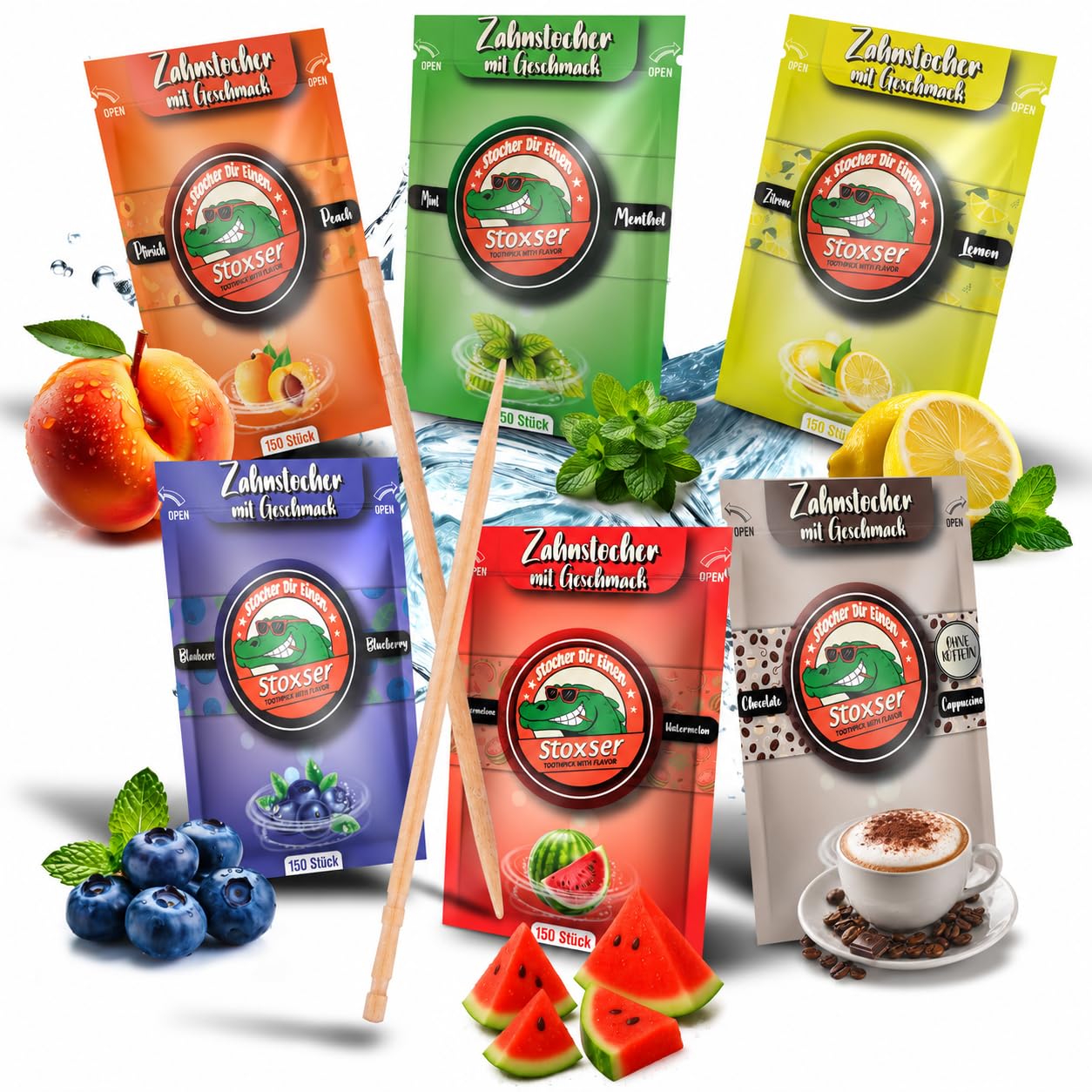 Stoxser 900x Zahnstocher mit Geschmack 6er Pack Schokoladen Cappuccino/Pfirsich und Blaubeere und Zitrone/Lemon und Mint/Menthol/Wassermelone