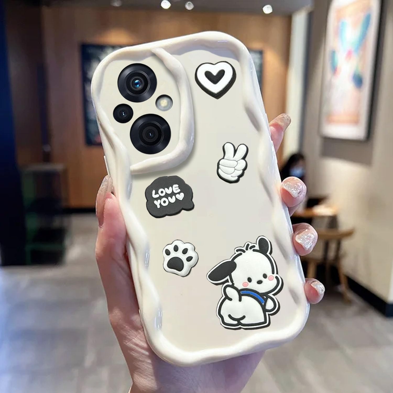 KC Back Cover for Oppo F21 Pro 5G & Oppo F21s Pro 5G, 3D Cute New Curly Wave Frame Cartoon Characters and Puppy Shockproof Soft Bumper Silicone Case with Camera Protection (White)